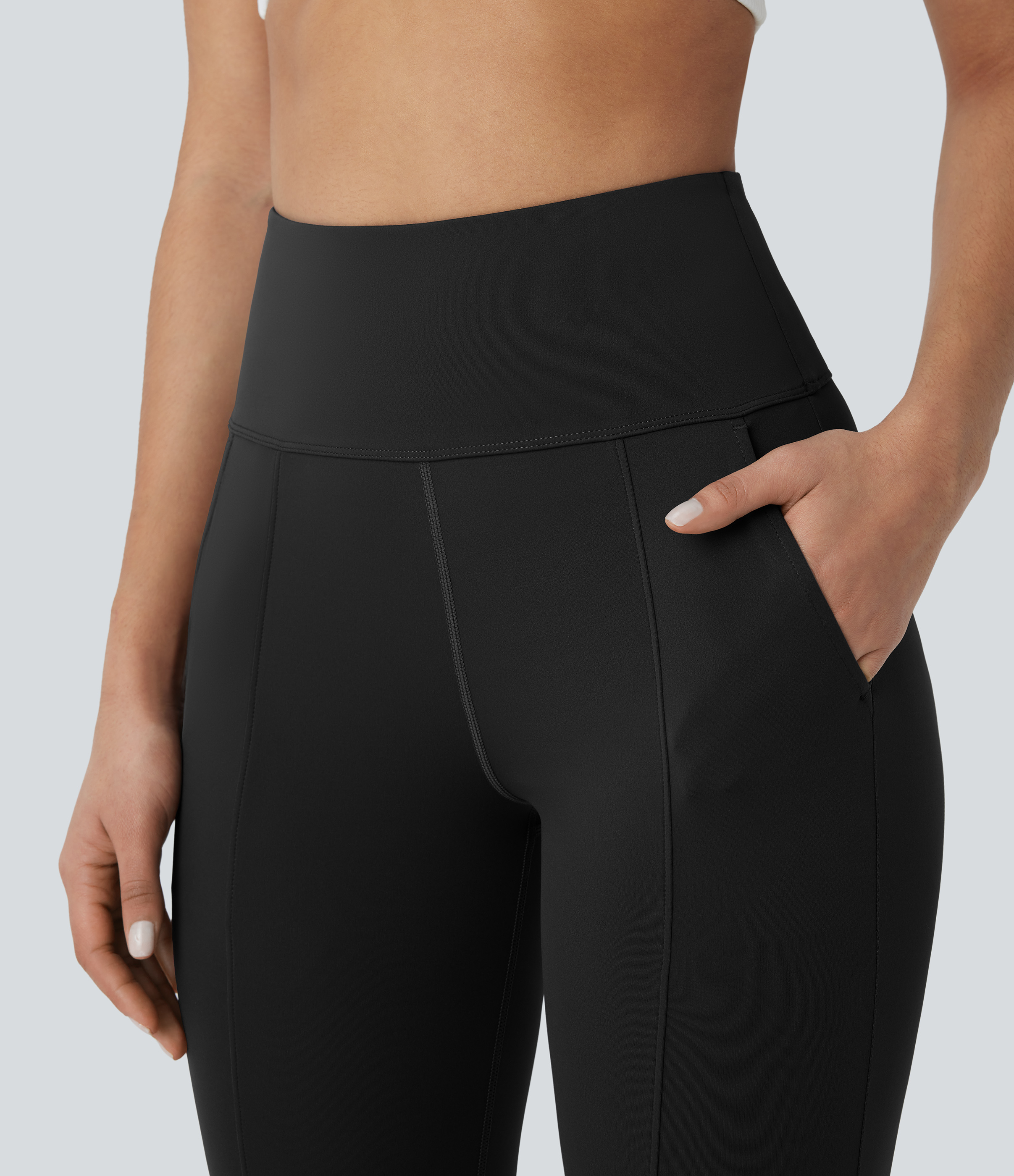Halara High Waisted Side Pocket Split Capri Yoga Slight Flare Leggings  - Black - L(regular) gym leggings leggings with pockets 