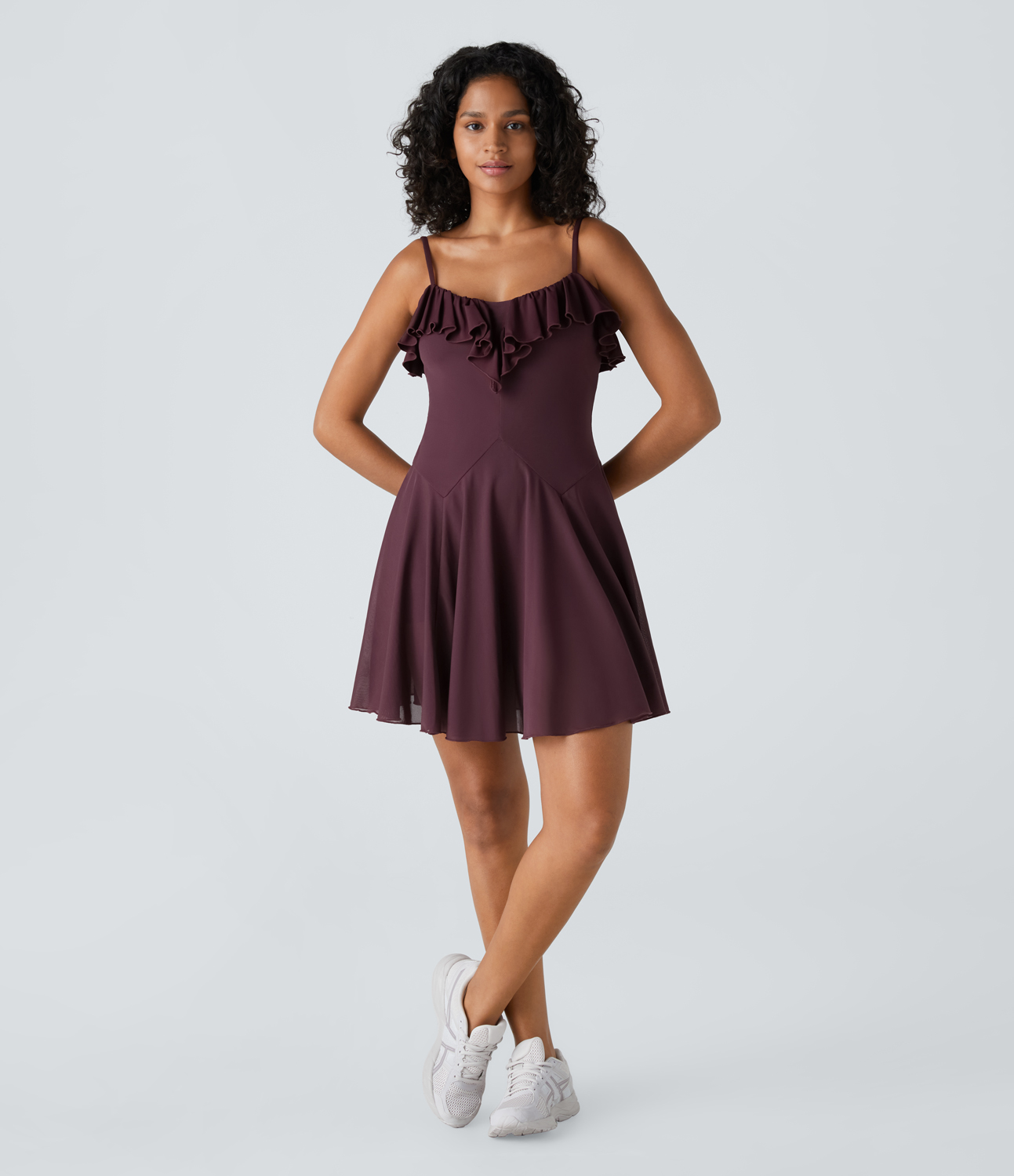 Halara Backless Ruffle Contrast Mesh 2-in-1 Side Pocket Mini Slip Flare Dance Active Dress Workout Dress - Evening Red - L 