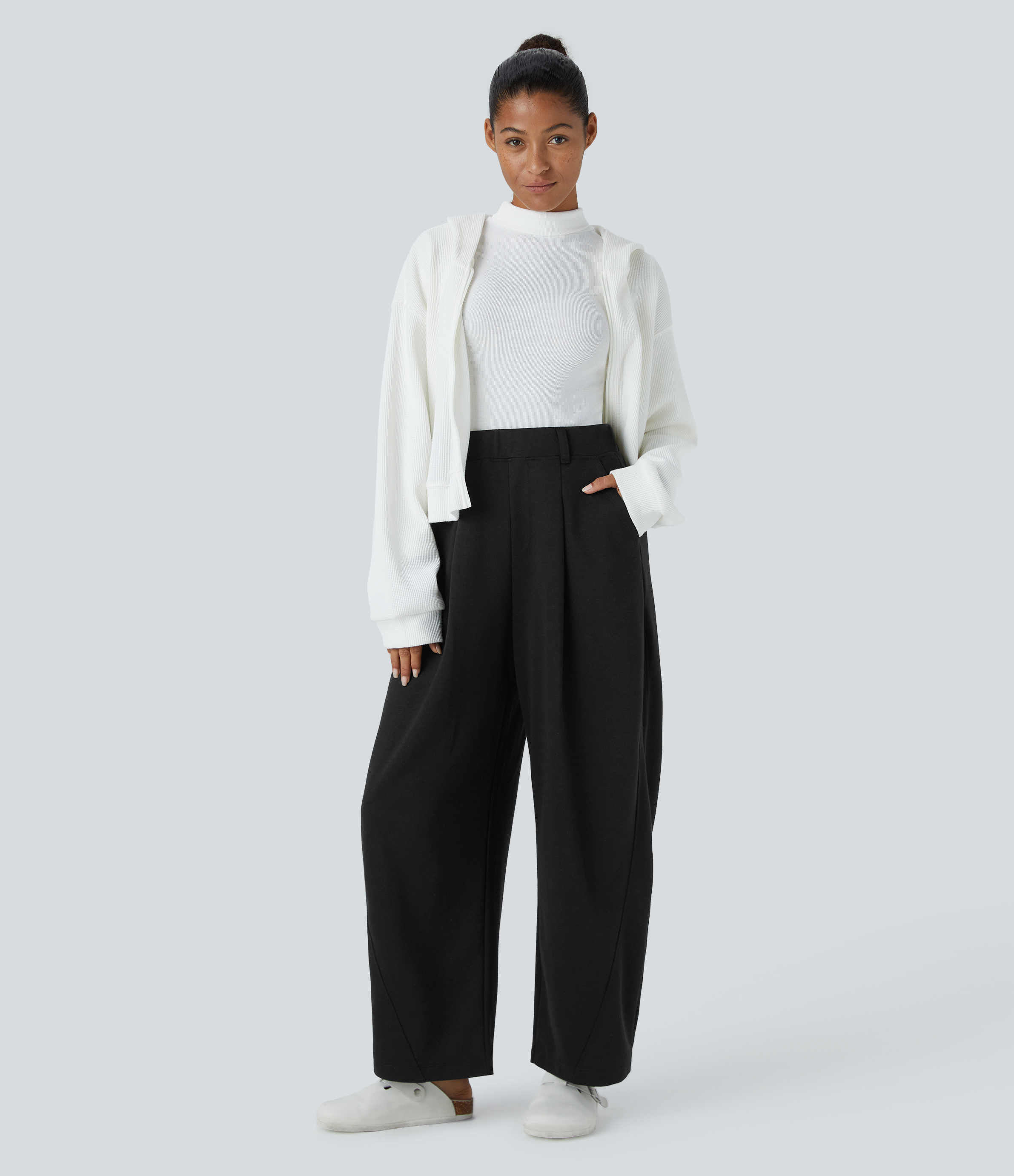 Halara High Waisted Plicated Side Pocket Barrel Leg Fleece Casual Pants  - Black - L(regular) sweatpants jogger pants stacked sweatpants 