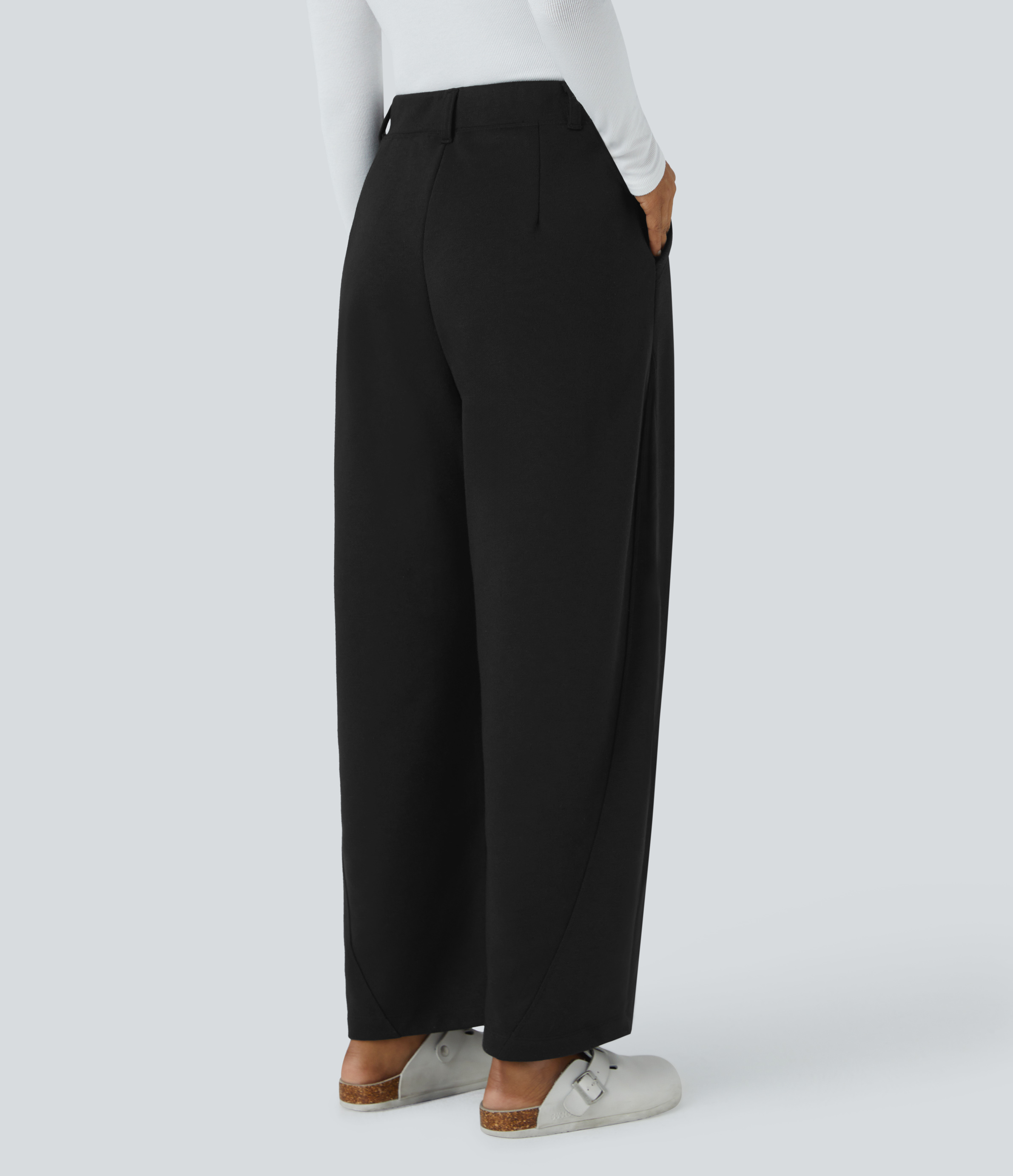 Halara High Waisted Plicated Side Pocket Barrel Leg Fleece Casual Pants  - Black - L(regular) sweatpants jogger pants stacked sweatpants 