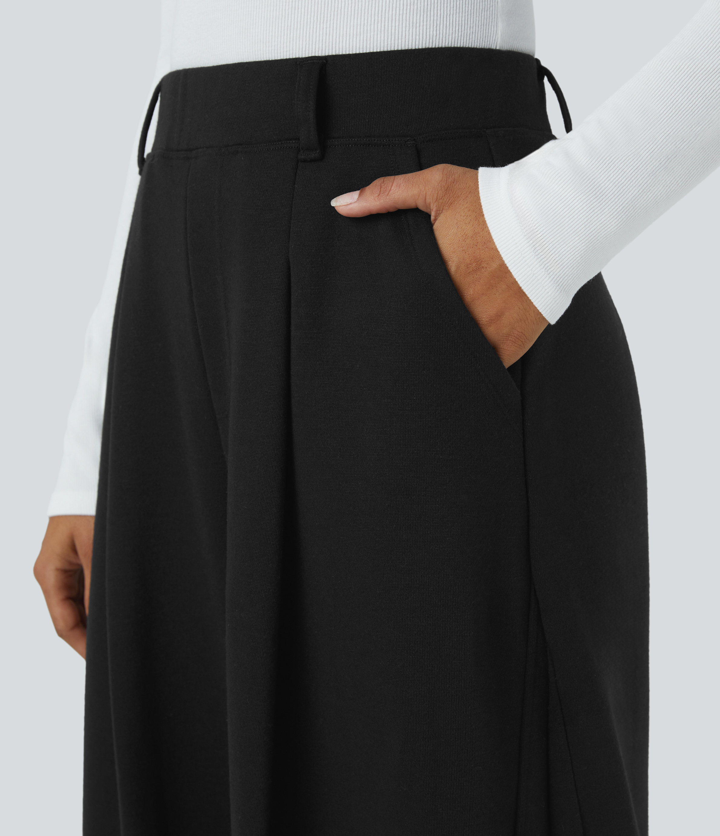 Halara High Waisted Plicated Side Pocket Barrel Leg Fleece Casual Pants  - Black - L(regular) sweatpants jogger pants stacked sweatpants 