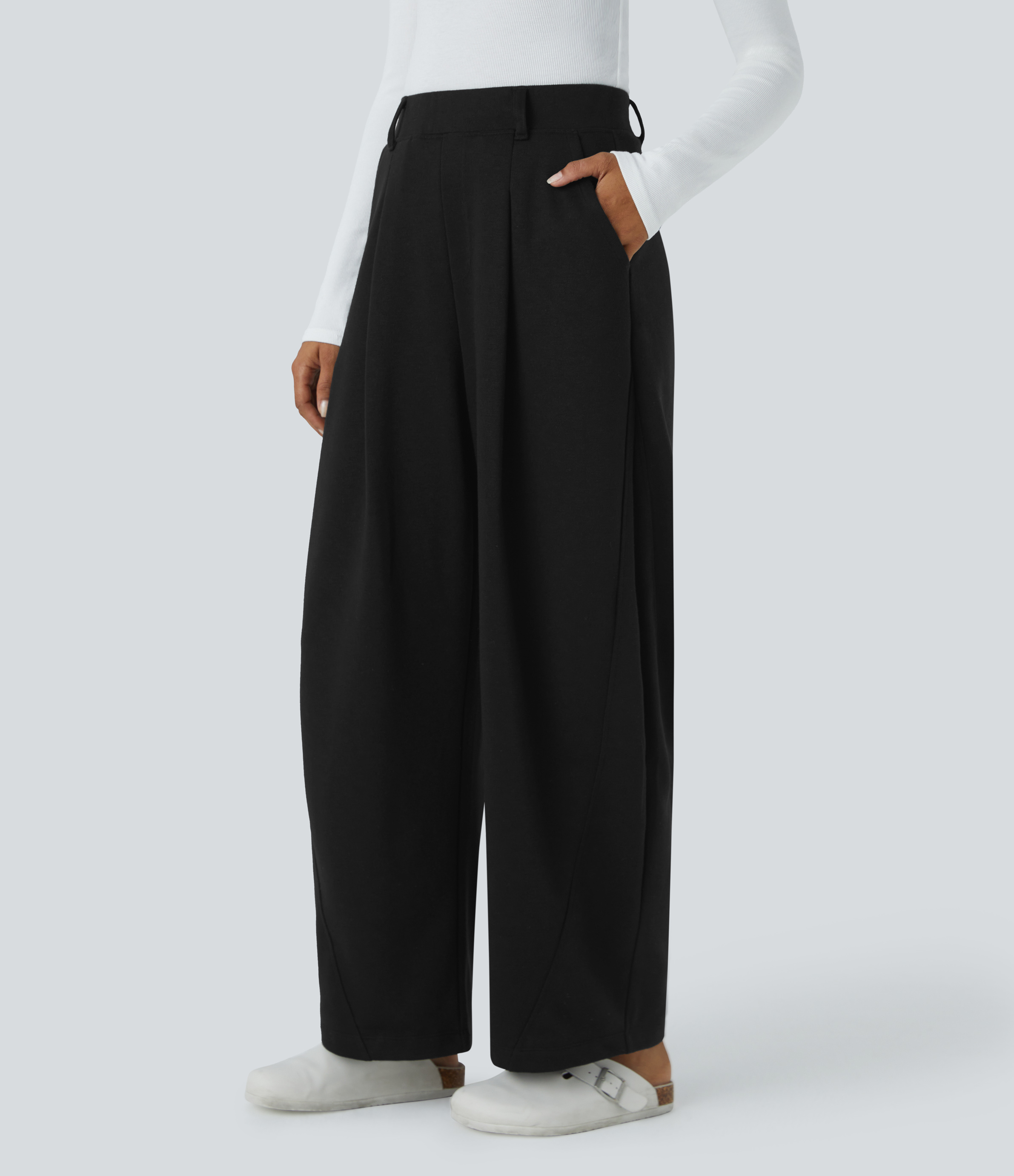 Halara High Waisted Plicated Side Pocket Barrel Leg Fleece Casual Pants  - Black - L(regular) sweatpants jogger pants stacked sweatpants 
