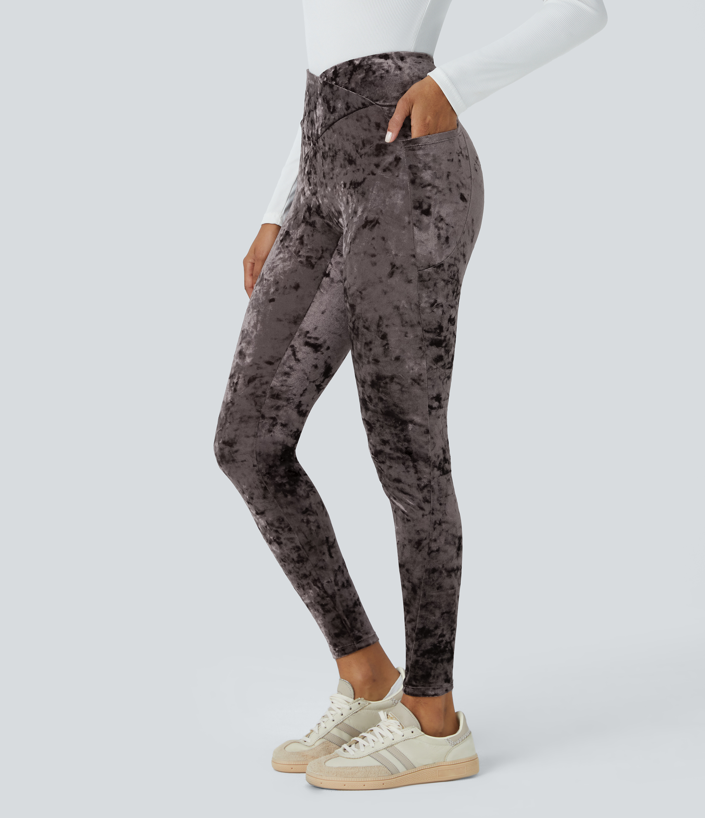 Halara High Waisted Crossover Side Pocket Velvet Casual 7/8 Leggings  - Plum Truffle - M(7/8) gym leggings leggings with pockets 