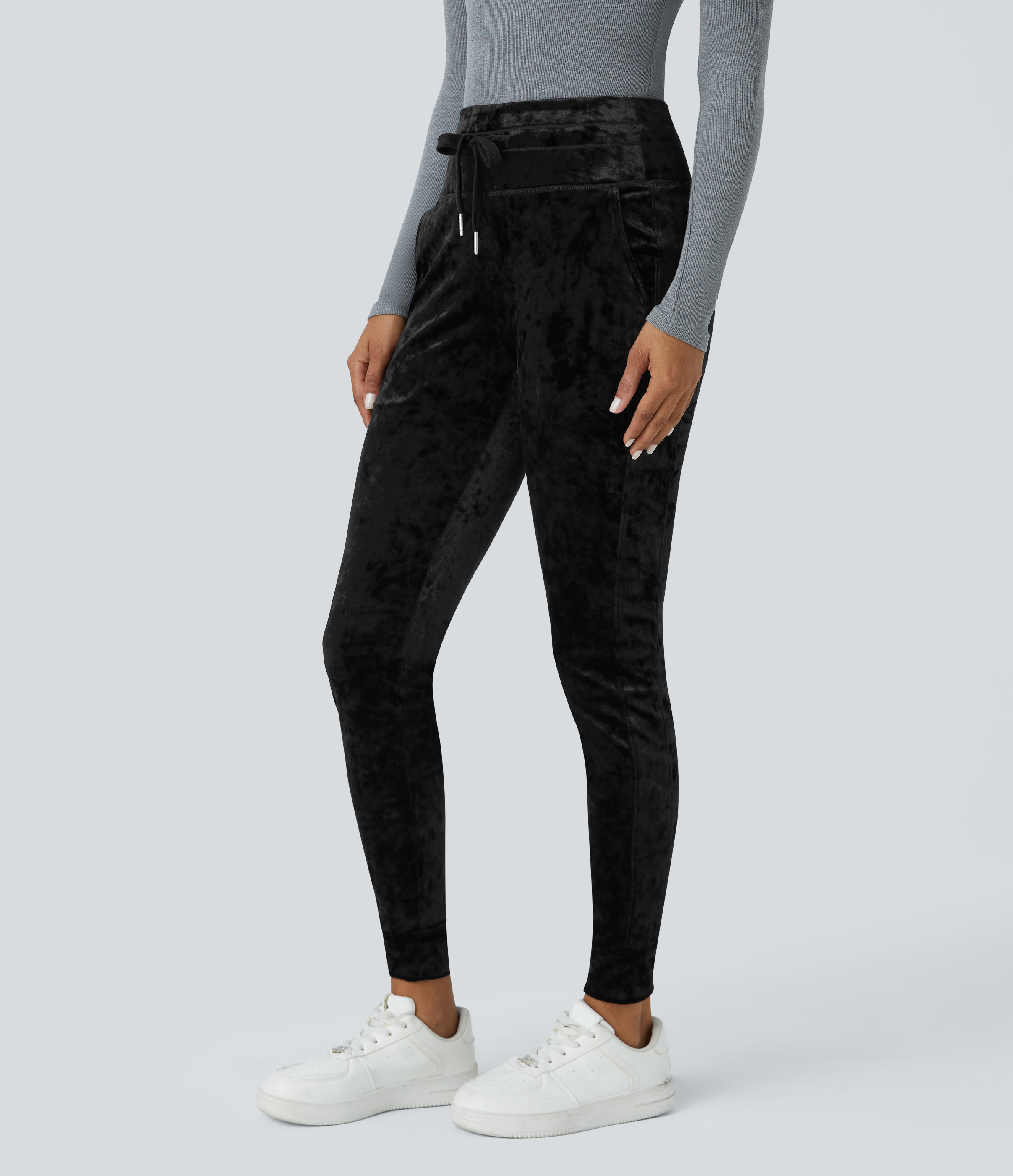 Halara High Waisted Drawstring Side Pocket Full Length Velvet Casual Joggers  - Black - XS(regular) 