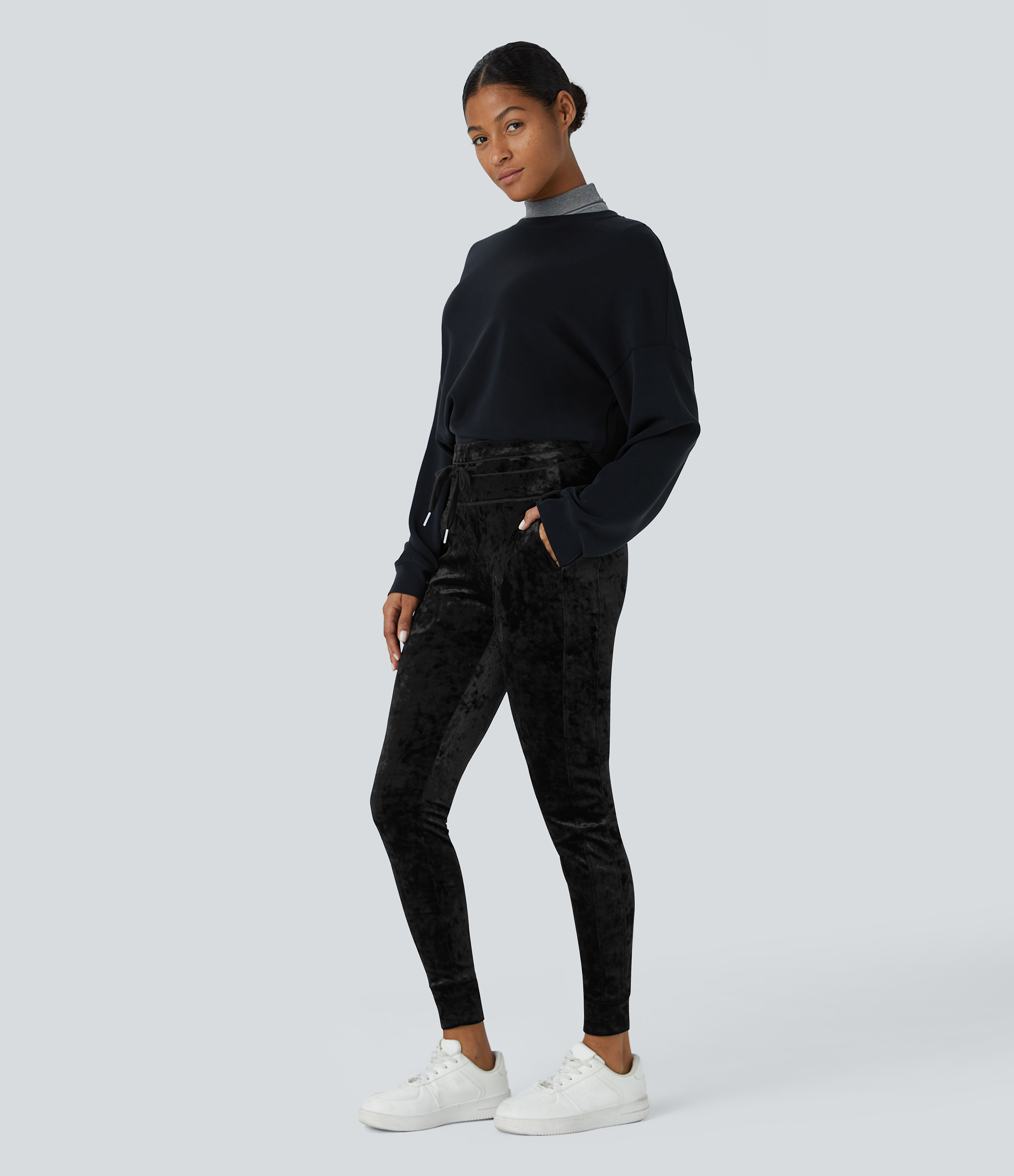 Halara High Waisted Drawstring Side Pocket Full Length Velvet Casual Joggers  - Black - XS(regular) 