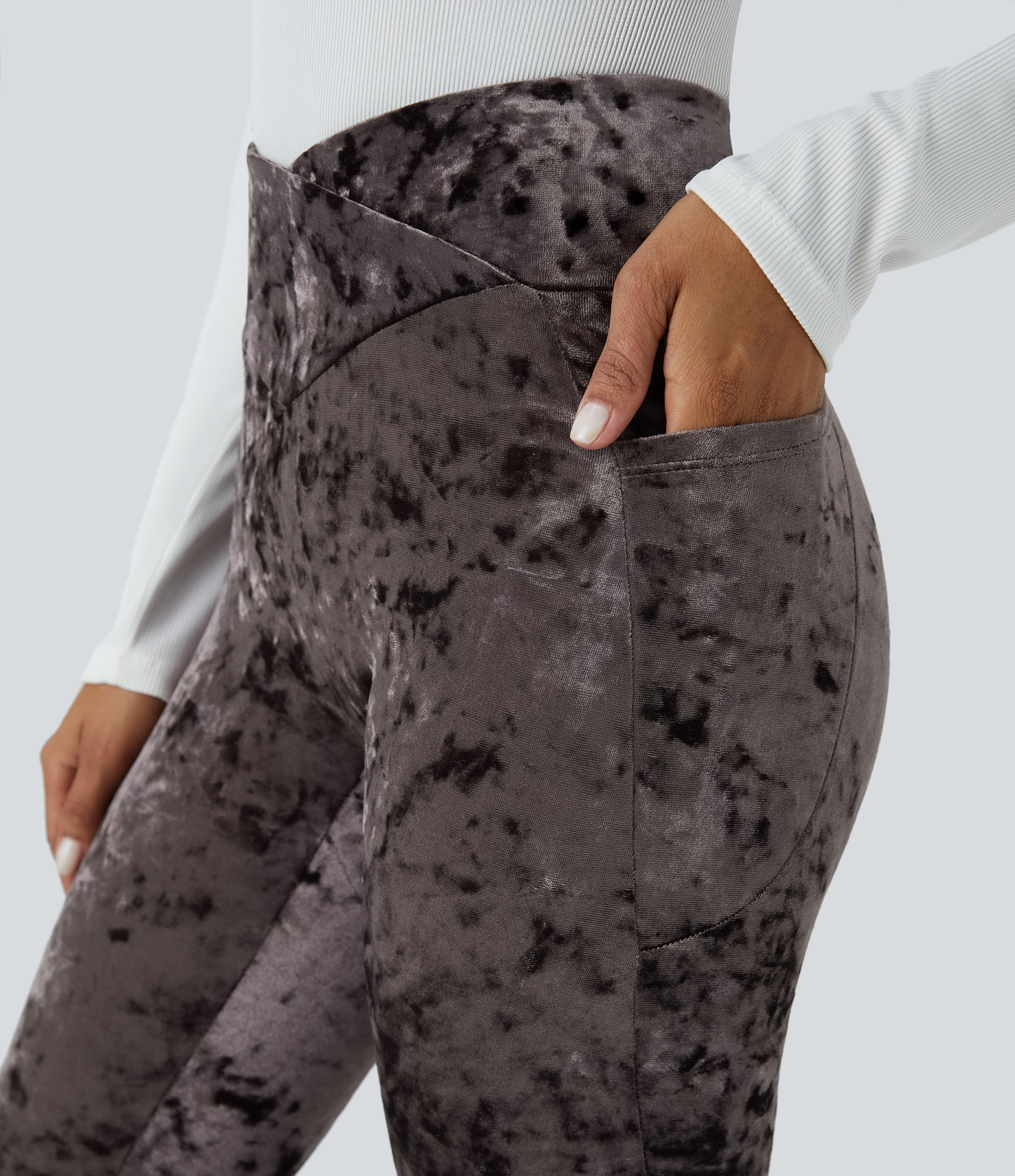 Halara High Waisted Crossover Side Pocket Velvet Casual 7/8 Leggings  - Plum Truffle - M(7/8) gym leggings leggings with pockets 