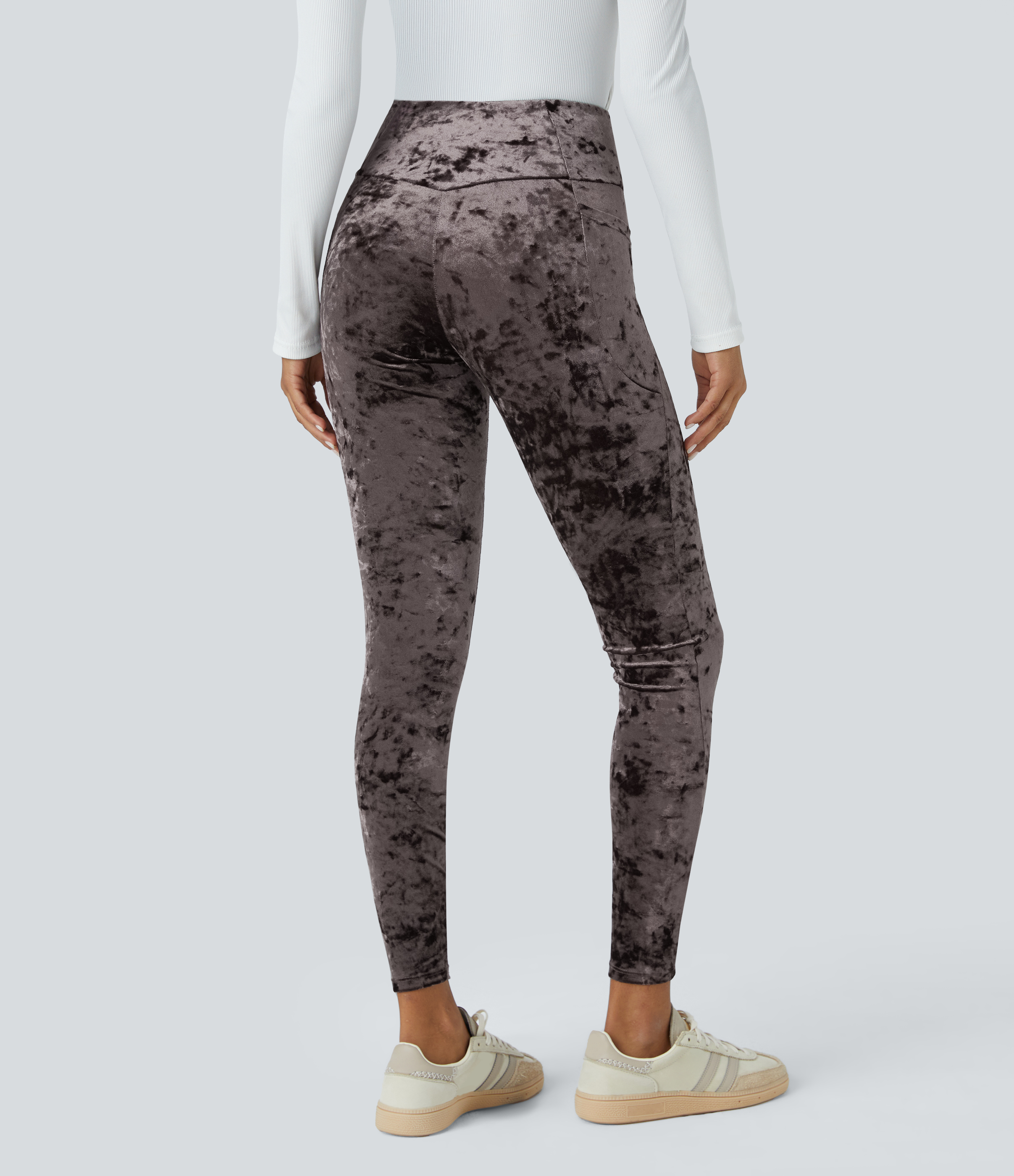 Halara High Waisted Crossover Side Pocket Velvet Casual 7/8 Leggings  - Plum Truffle - M(7/8) gym leggings leggings with pockets 