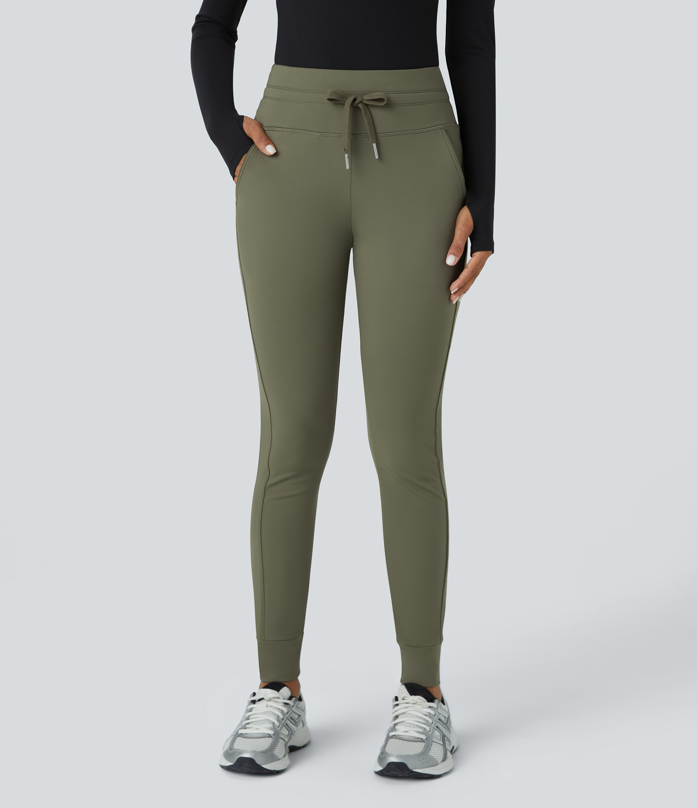 Halara Softlyzeroв„ў Fleece High Waisted Drawstring Side Pocket Full Length Yoga Joggers  - Grass Grey Green - L(regular) 