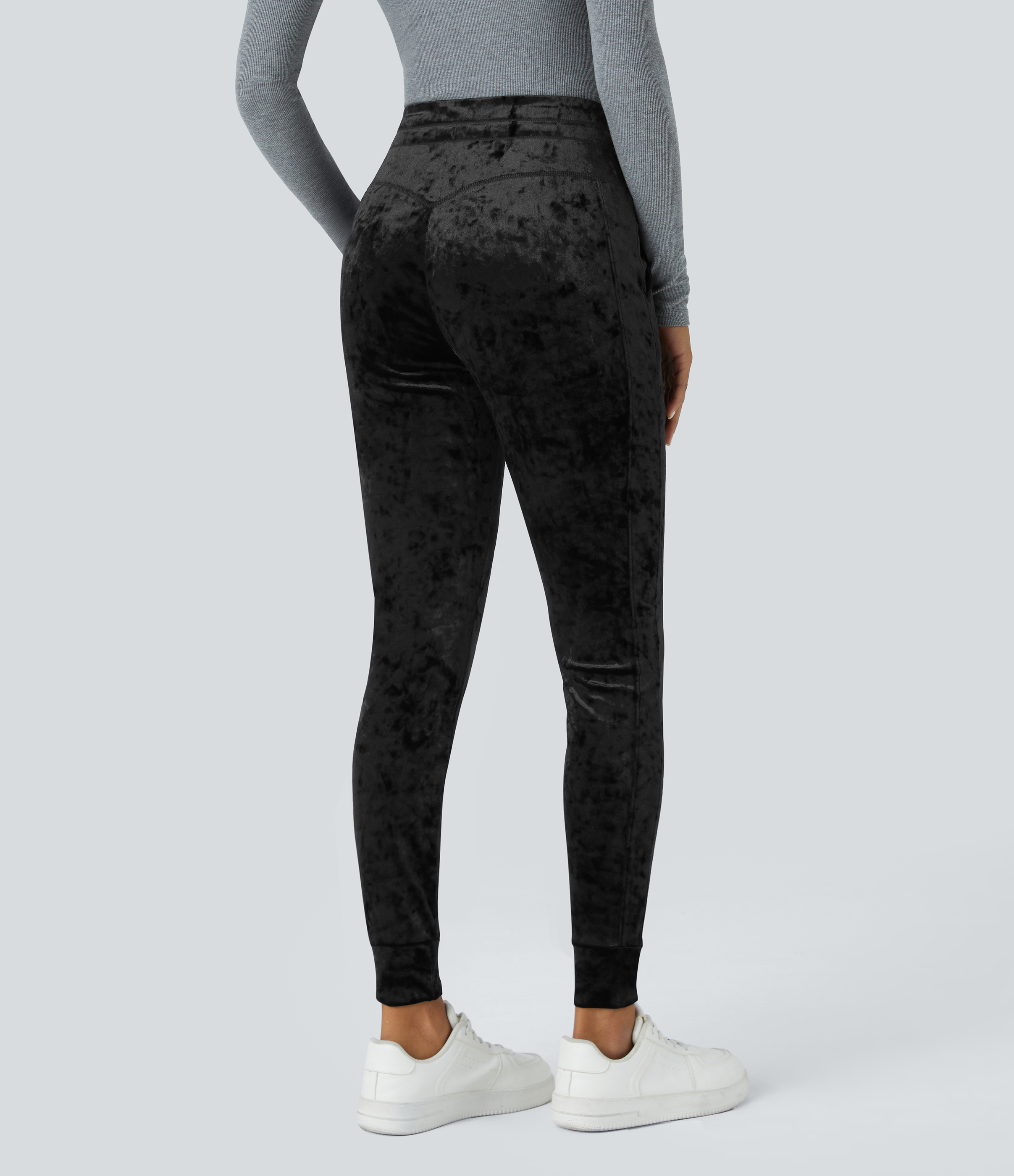 Halara High Waisted Drawstring Side Pocket Full Length Velvet Casual Joggers  - Black - XS(regular) 