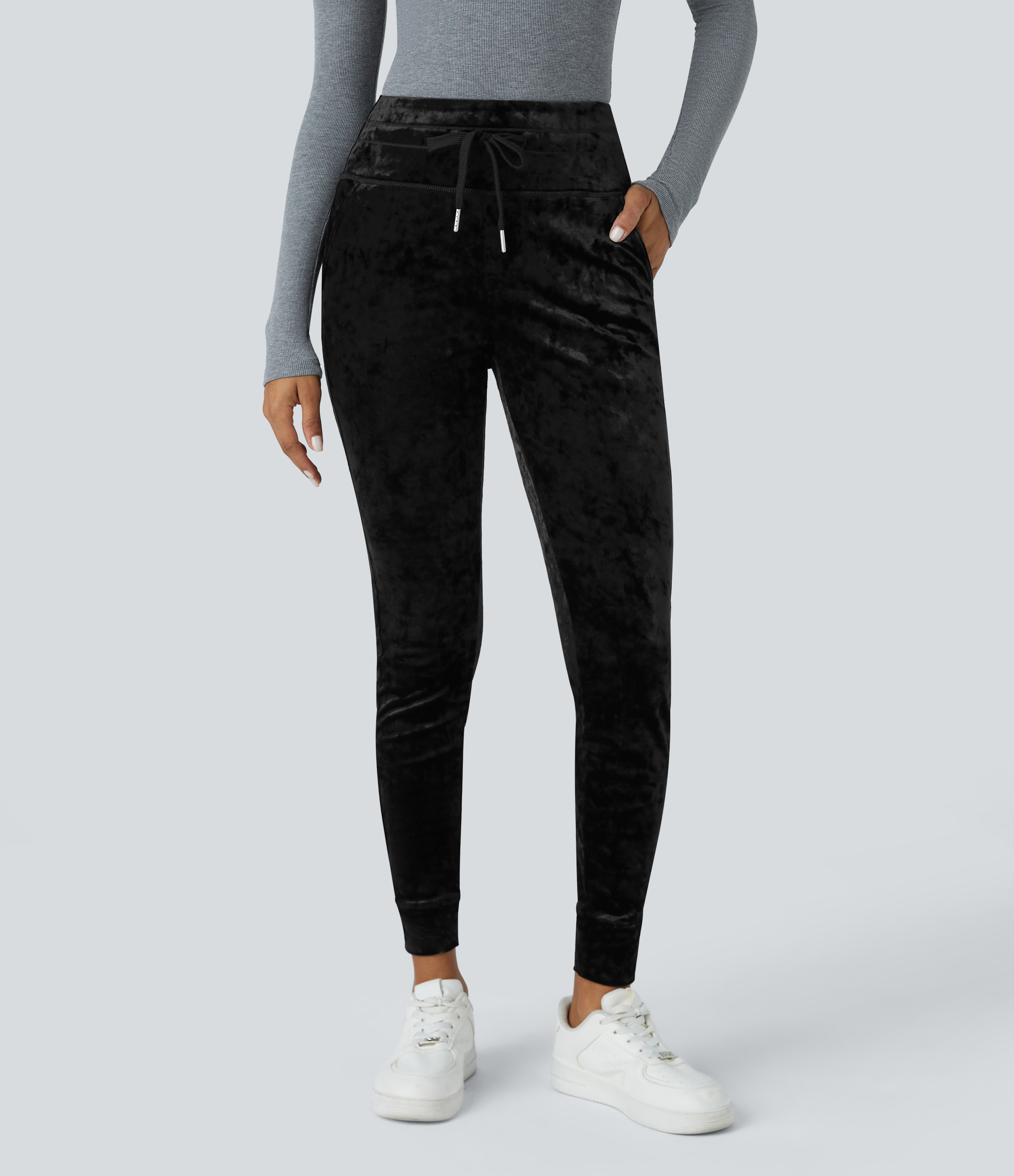 Halara High Waisted Drawstring Side Pocket Full Length Velvet Casual Joggers  - Black - XS(regular) 