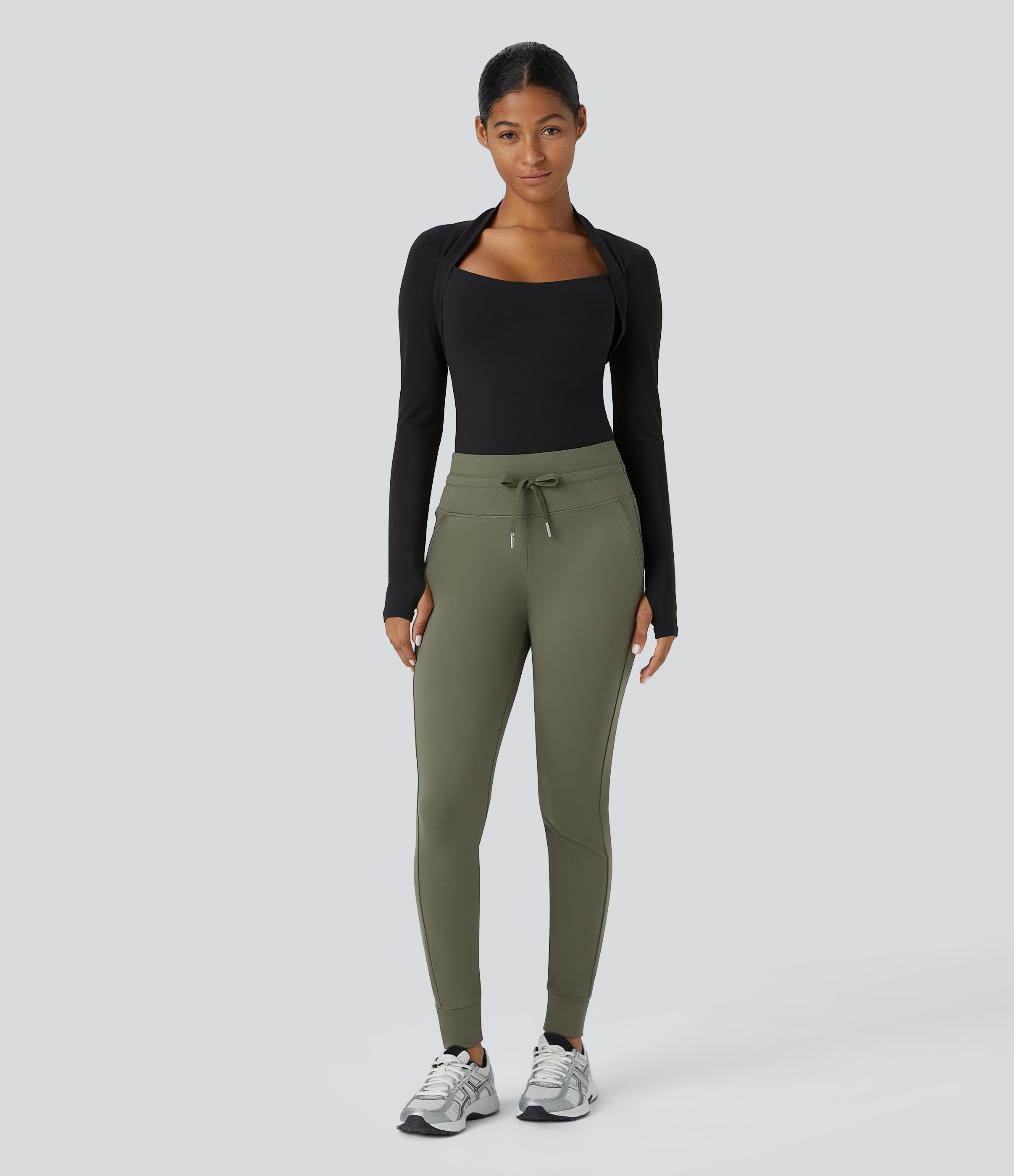 Halara Softlyzeroв„ў Fleece High Waisted Drawstring Side Pocket Full Length Yoga Joggers  - Grass Grey Green - L(regular) 