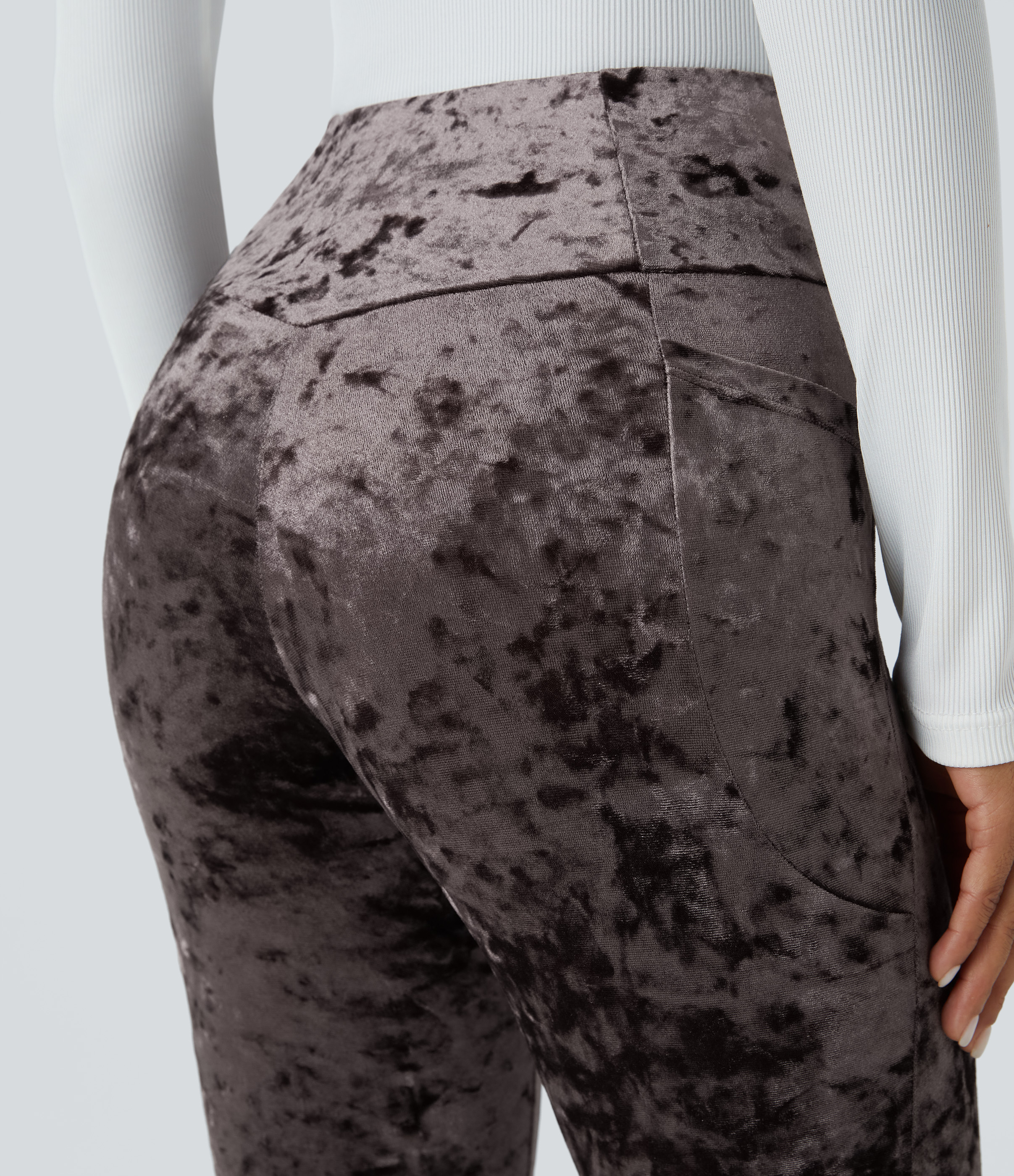 Halara High Waisted Crossover Side Pocket Velvet Casual 7/8 Leggings  - Plum Truffle - M(7/8) gym leggings leggings with pockets 