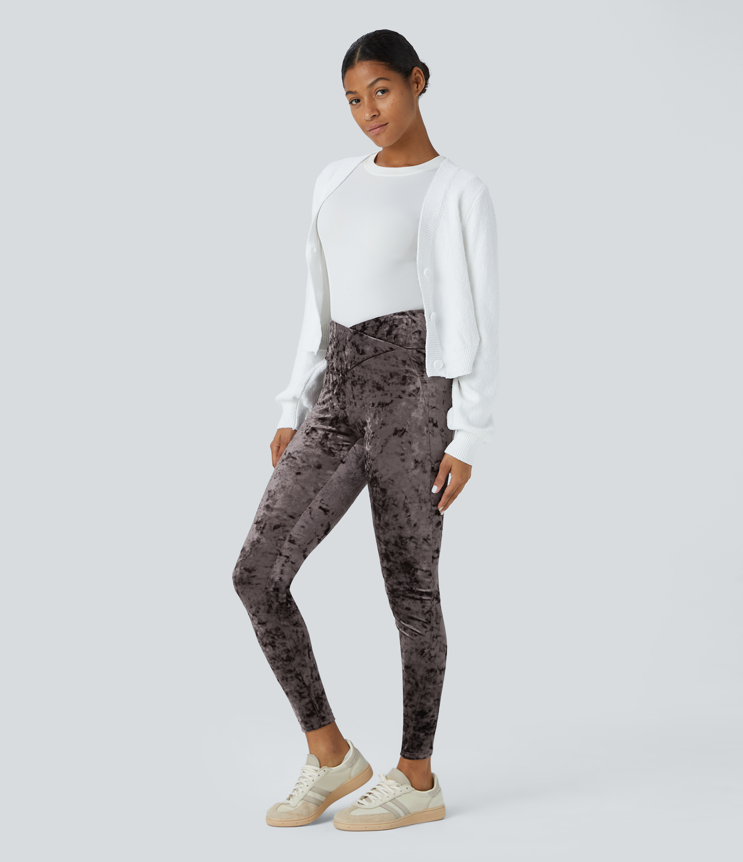 Halara High Waisted Crossover Side Pocket Velvet Casual 7/8 Leggings  - Plum Truffle - M(7/8) gym leggings leggings with pockets 