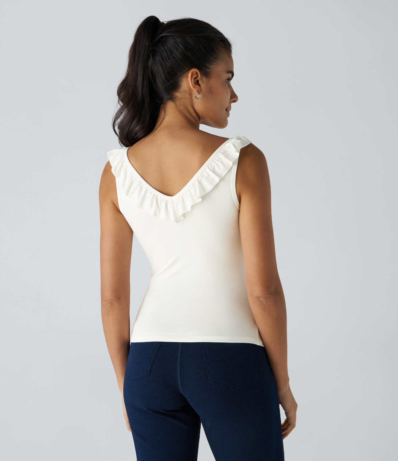 Halara V Neck Ruffle Trim Slim Work Tank Top Tank Top - White - M golf tops halter top tunic tops sleeveless tops backless top 