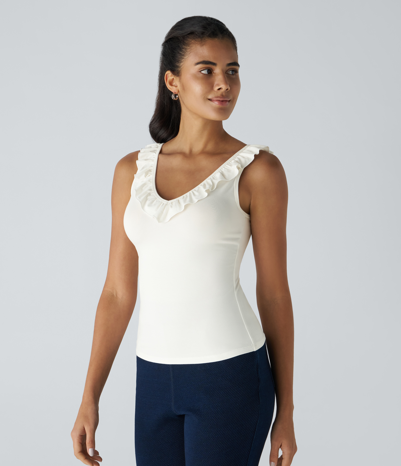 Halara V Neck Ruffle Trim Slim Work Tank Top Tank Top - White - M golf tops halter top tunic tops sleeveless tops backless top 