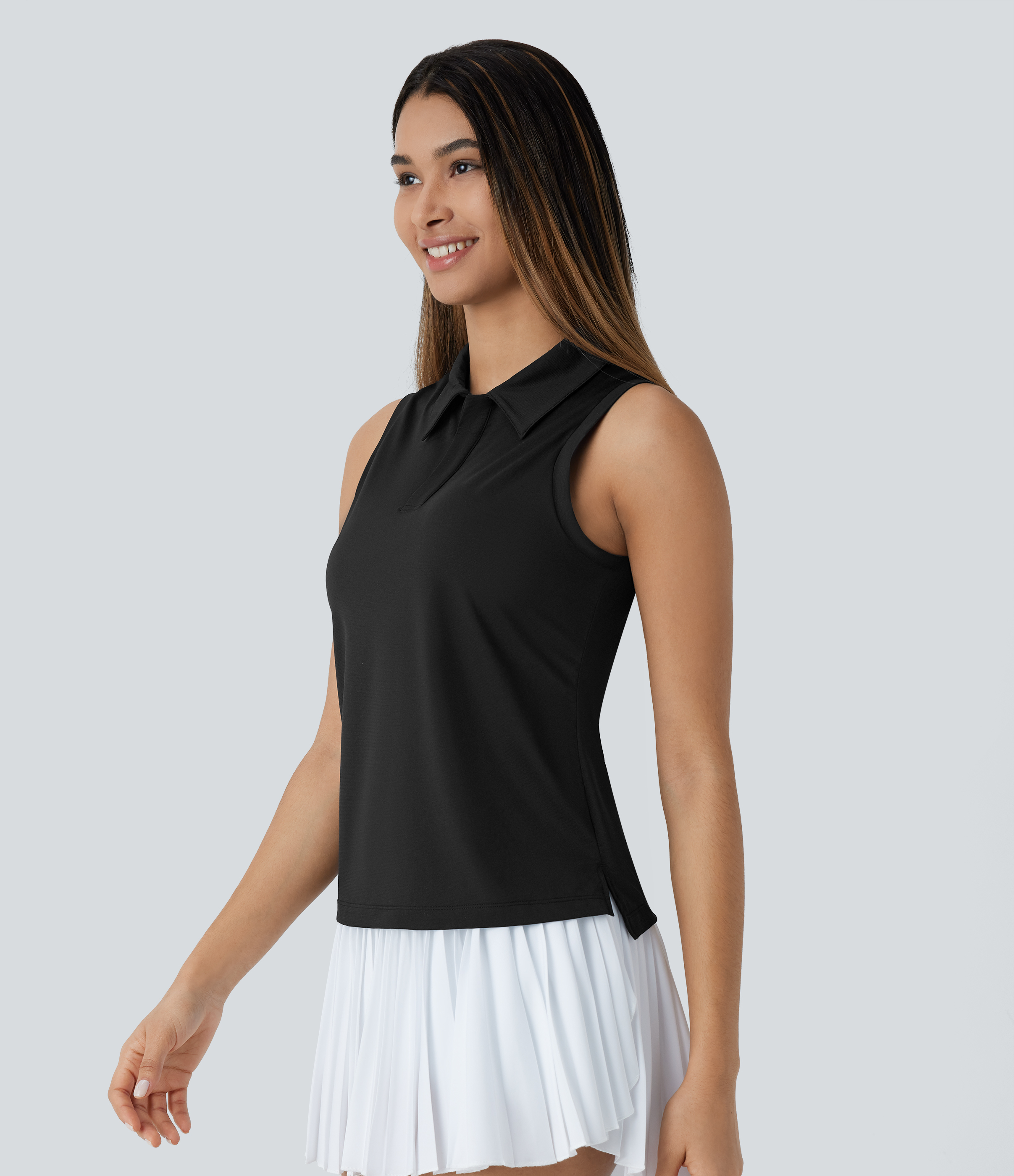 Halara Lightweight Polo Neck Split Hem Golf Tank Top Tank Top - Black - XS golf tops halter top tunic tops sleeveless tops backless top 