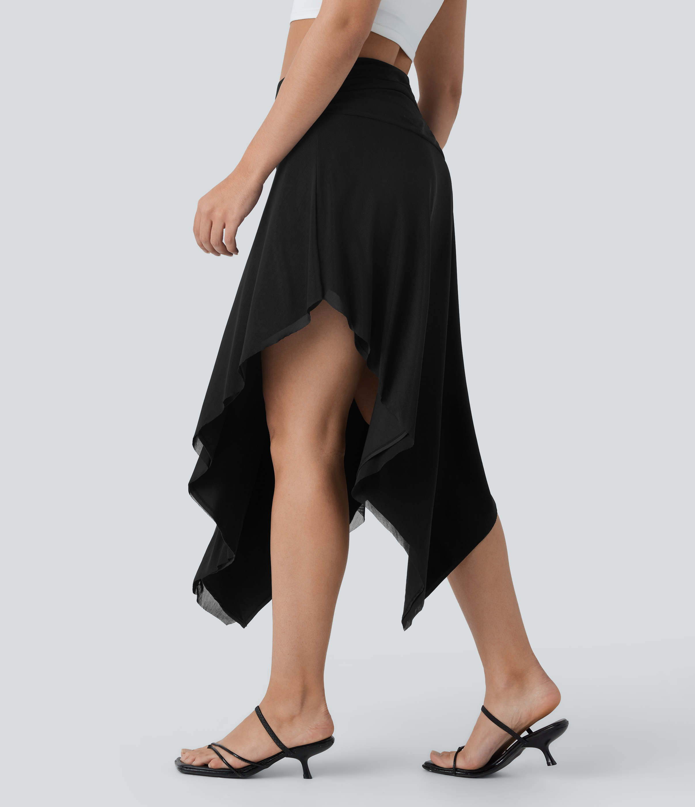 Halara Low Rise Ruched Asymmetric Hem Mesh Overlay Flowy Midi Resort Skirt  - Black - XL(regular) 