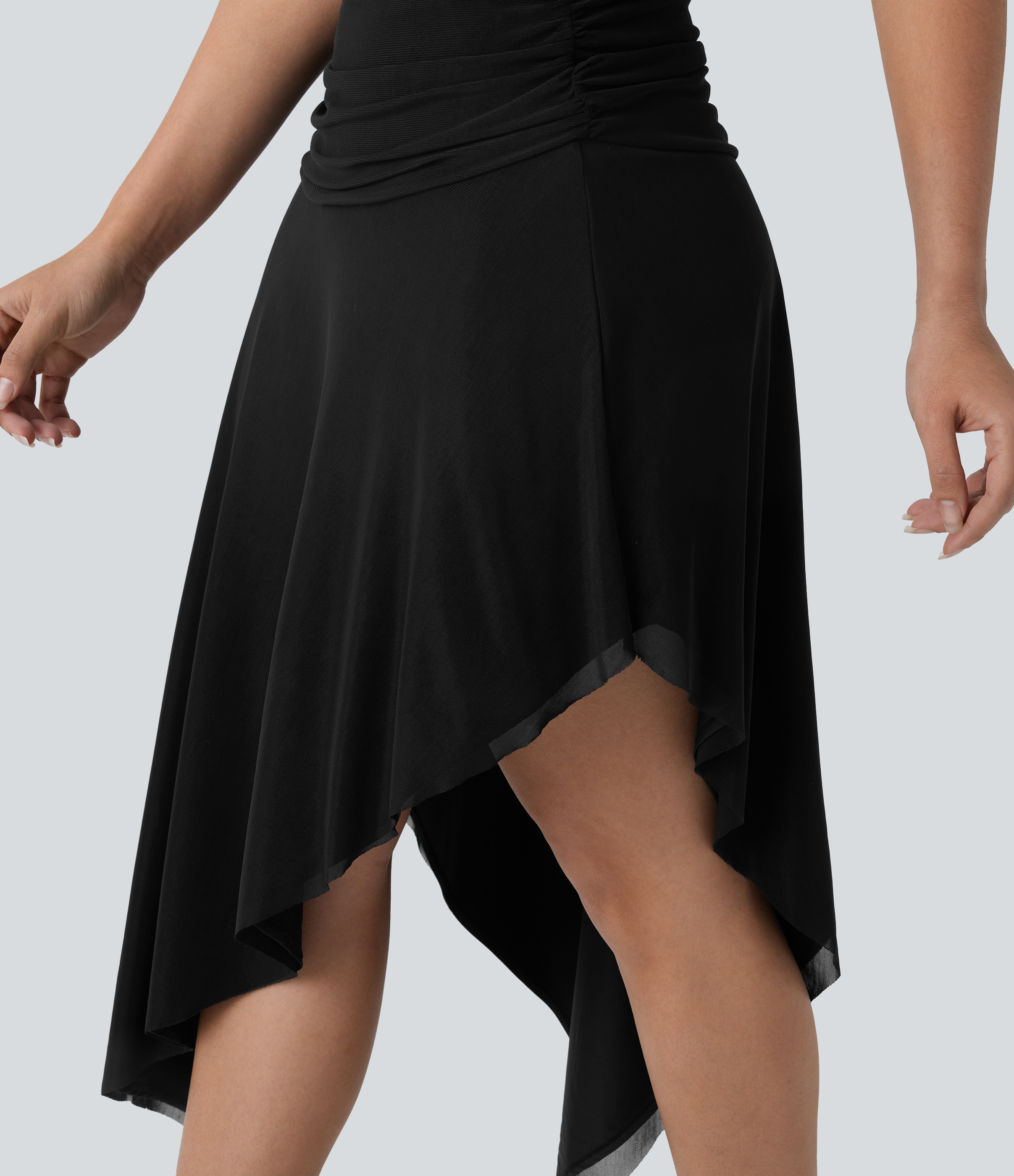 Halara Low Rise Ruched Asymmetric Hem Mesh Overlay Flowy Midi Resort Skirt  - Black - XL(regular) 