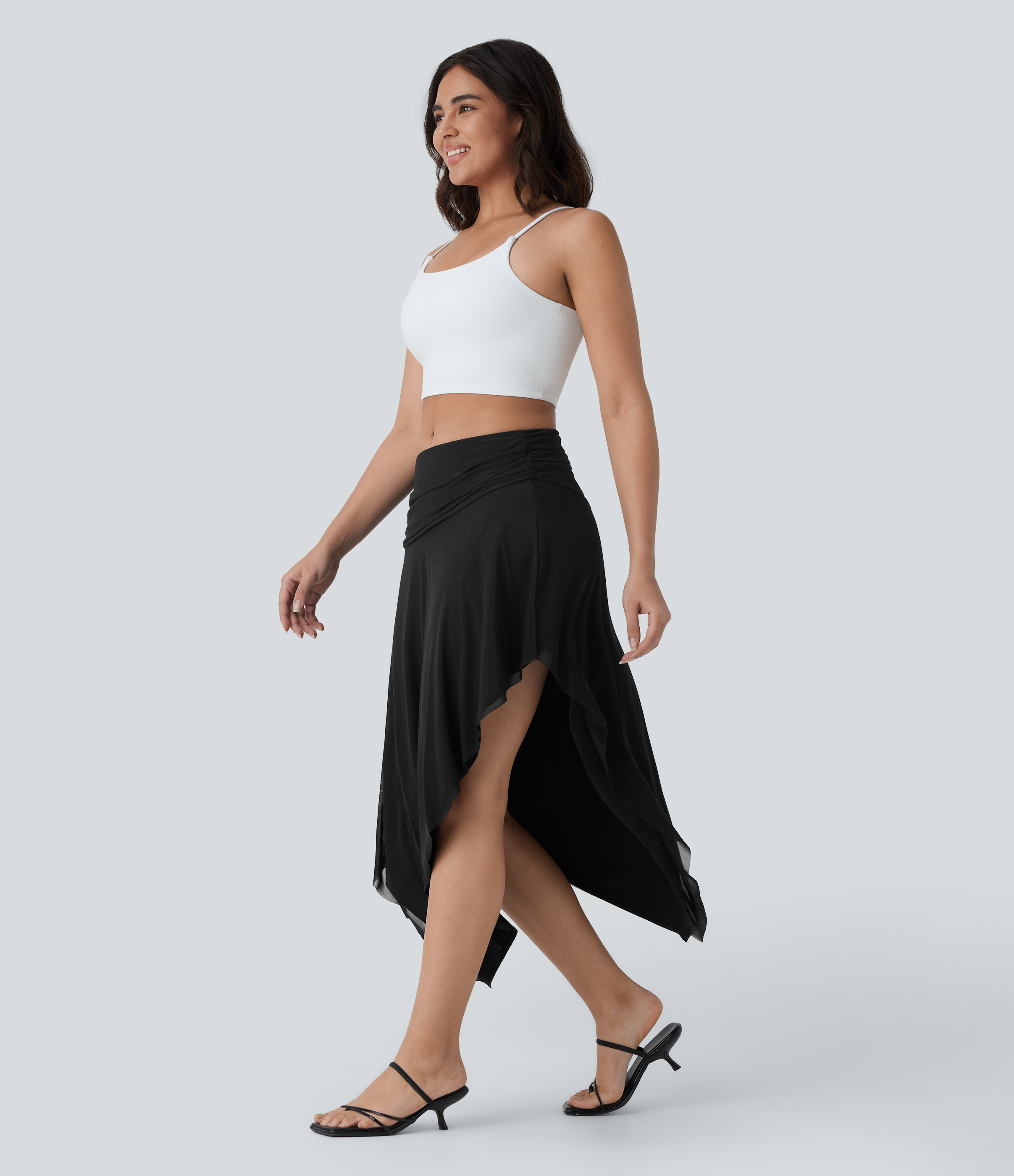 Halara Low Rise Ruched Asymmetric Hem Mesh Overlay Flowy Midi Resort Skirt  - Black - XL(regular) 
