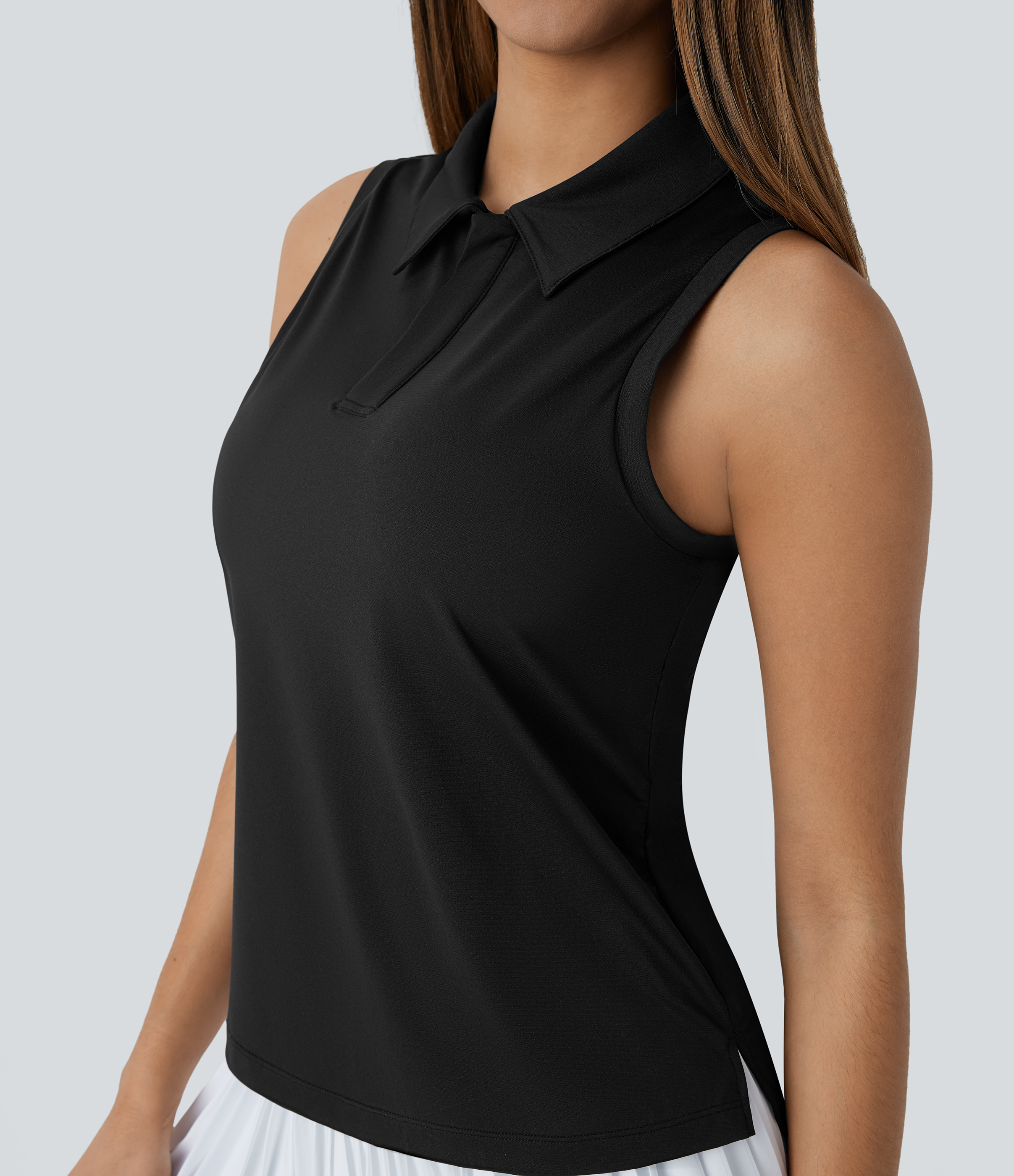 Halara Lightweight Polo Neck Split Hem Golf Tank Top Tank Top - Black - XS golf tops halter top tunic tops sleeveless tops backless top 