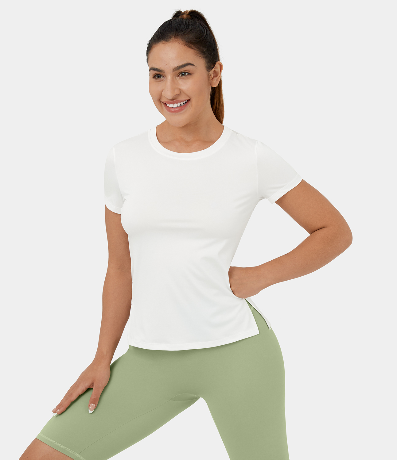 Halara Contrast Mesh Cut Out Side Split Yoga Sports Top  - White - S 