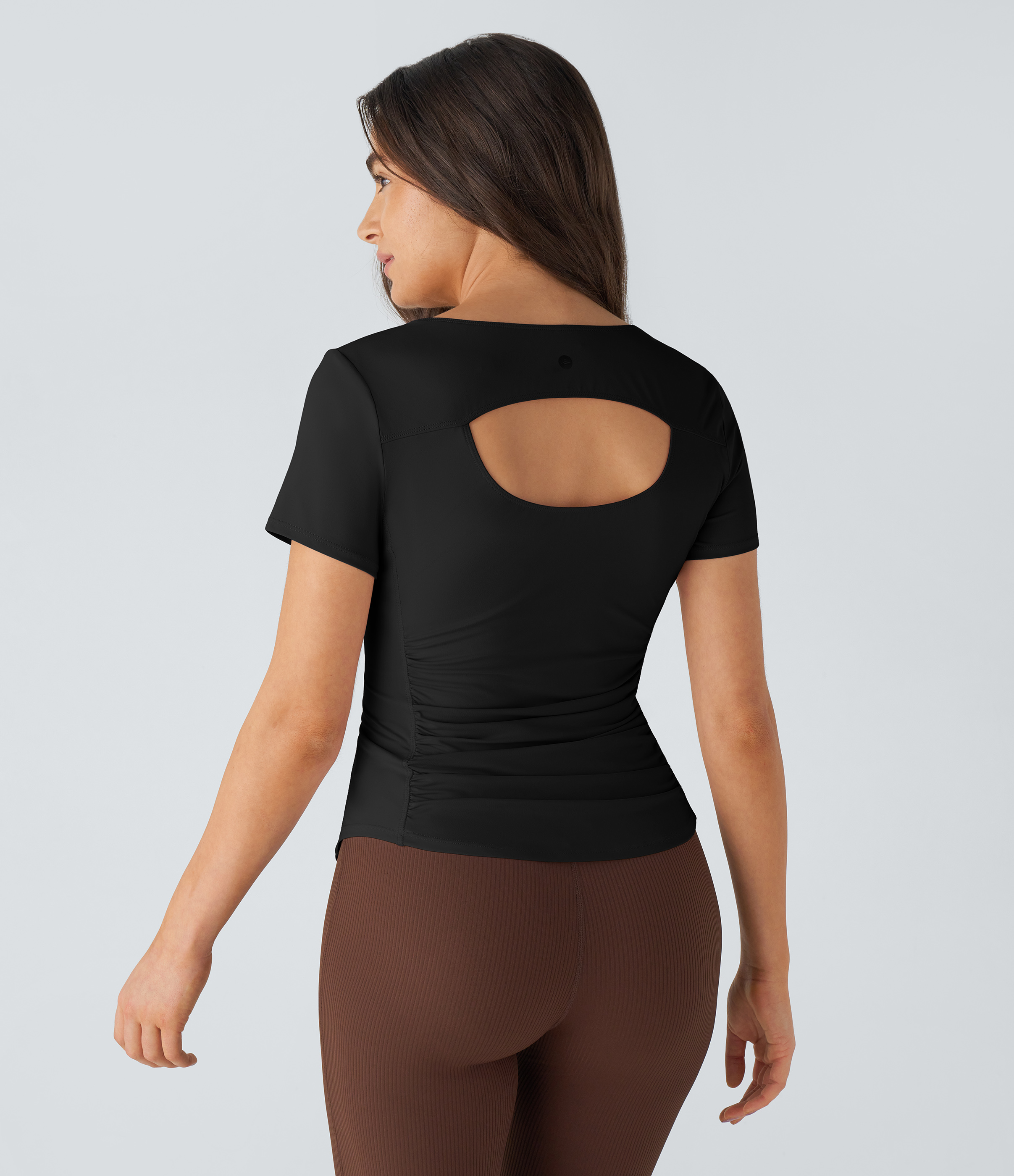 Halara U Neck Short Sleeve Backless Cut Out Ruched Curved Hem Yoga Sports Top  - Black - L 