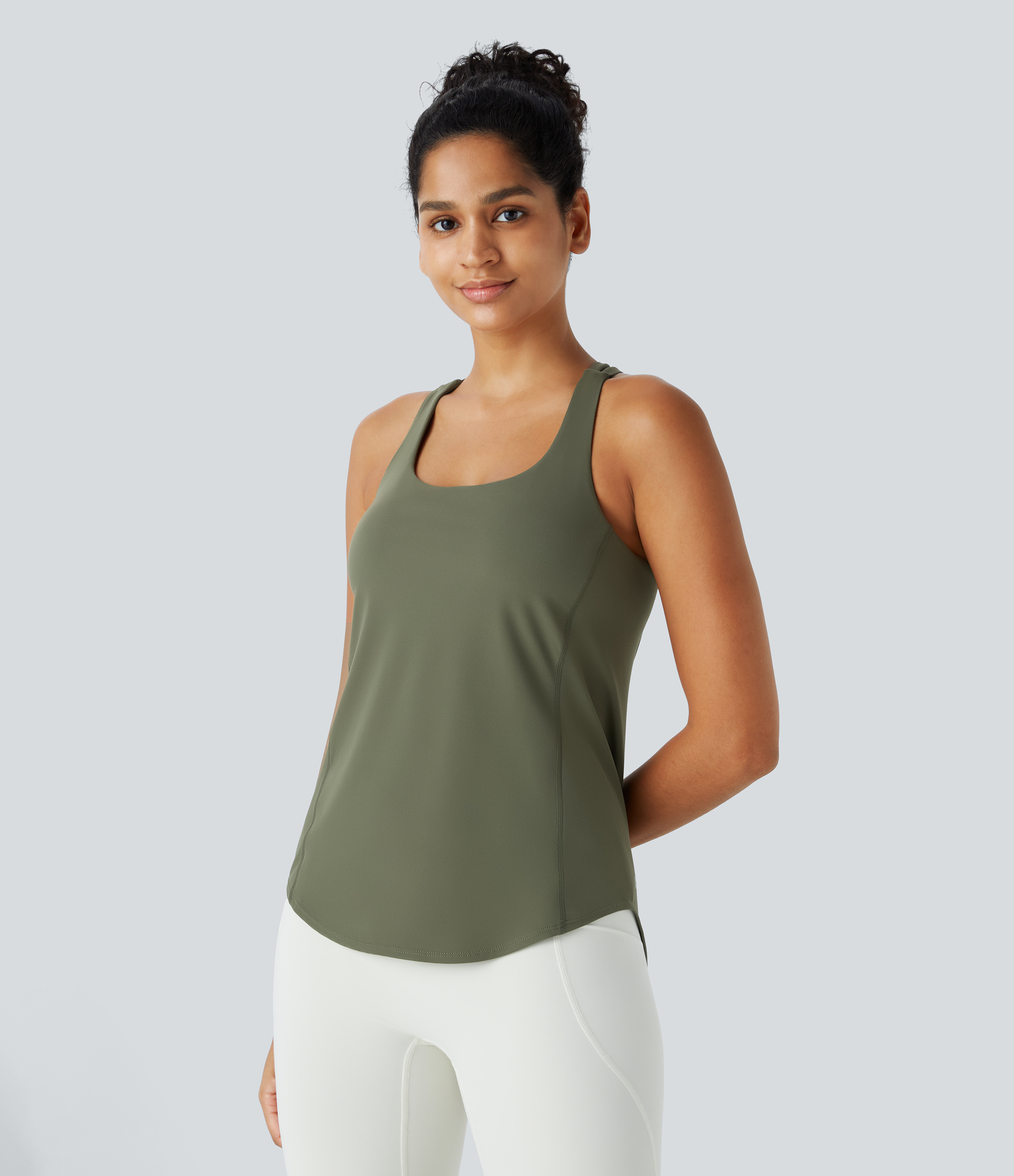 Halara UltraSculpt U Neck Backless Crisscross Curved Hem Running Tank Top Tank Top - Grass Grey Green - L golf tops halter top tunic tops 