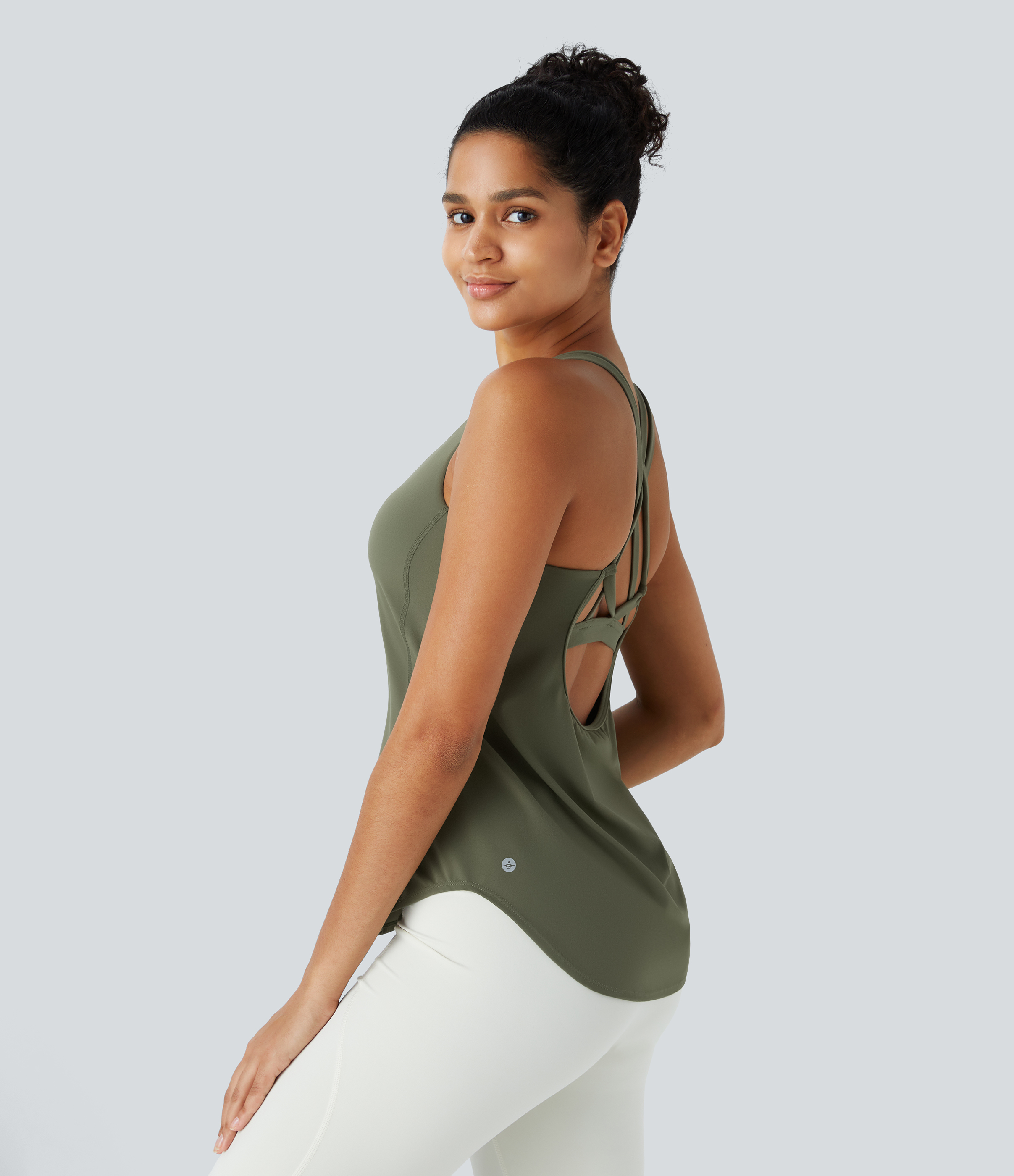 Halara UltraSculpt U Neck Backless Crisscross Curved Hem Running Tank Top Tank Top - Grass Grey Green - L golf tops halter top tunic tops 