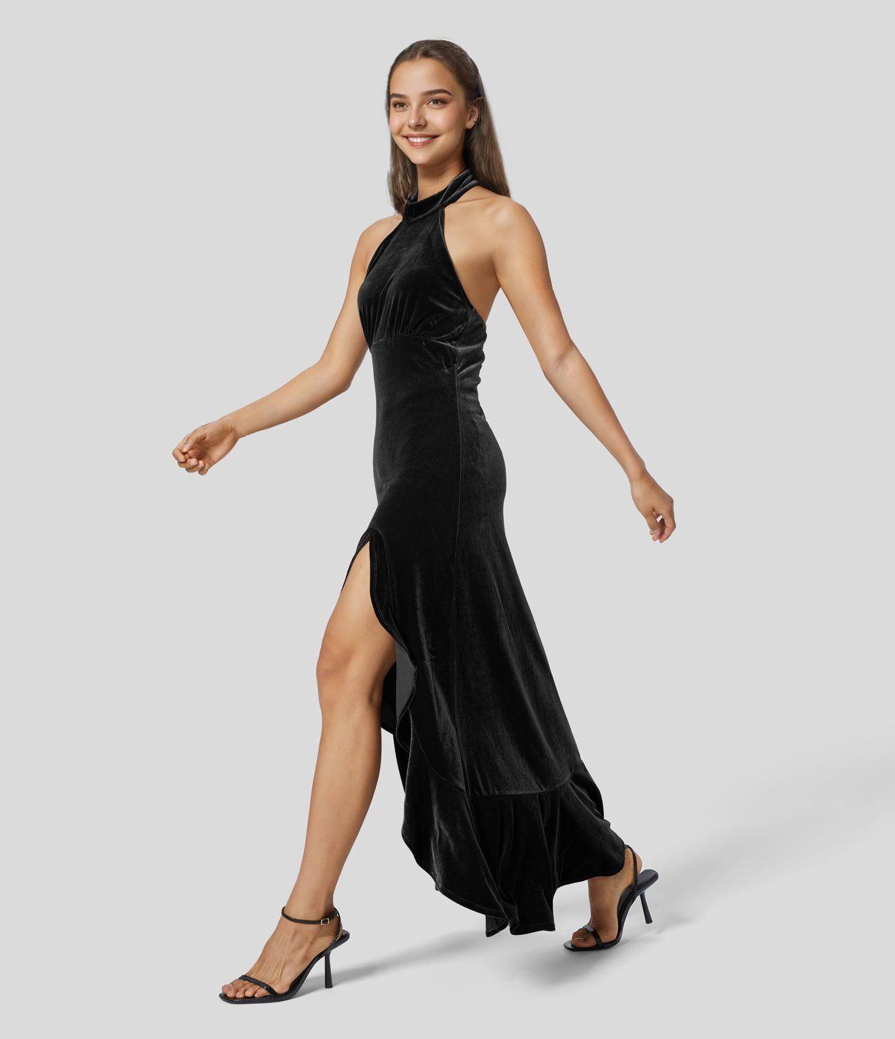 Halara Halter Neck Backless Invisible Zipper Ruffle Hem Split Velvet Maxi Party Dress Casual Dress - Black - M slip dress beach dress 