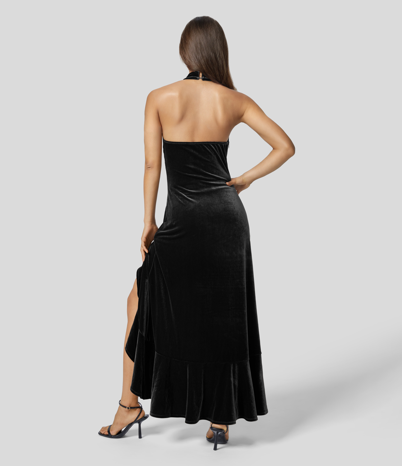 Halara Halter Neck Backless Invisible Zipper Ruffle Hem Split Velvet Maxi Party Dress Casual Dress - Black - M slip dress beach dress 
