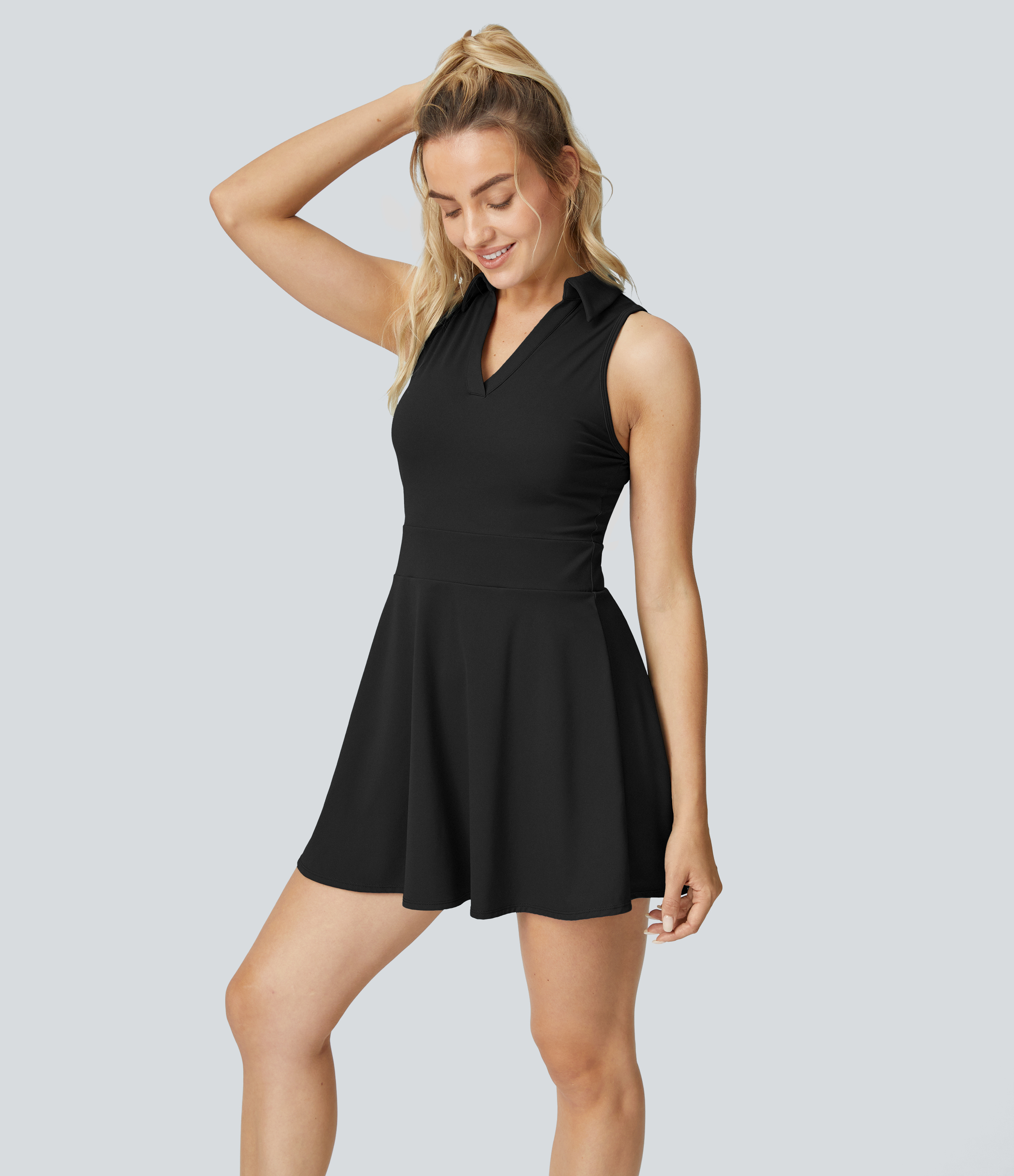 Halara Softlyzeroв„ў Airy Polo Collar 2-Piece Pocket Cool Touch Flare Mini Golf Active Dress-Golf Tee Pocket Workout Dress - Black - S 