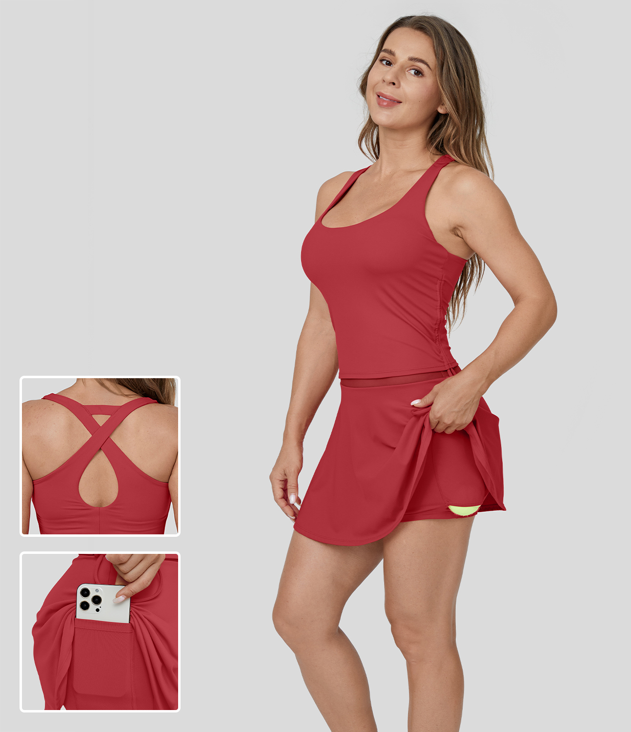 

Halara Backless Crisscross Drawstring Contrast Mesh 2-in-1 Side Pocket Mini Tennis Active Dress Workout Dress - Salsa