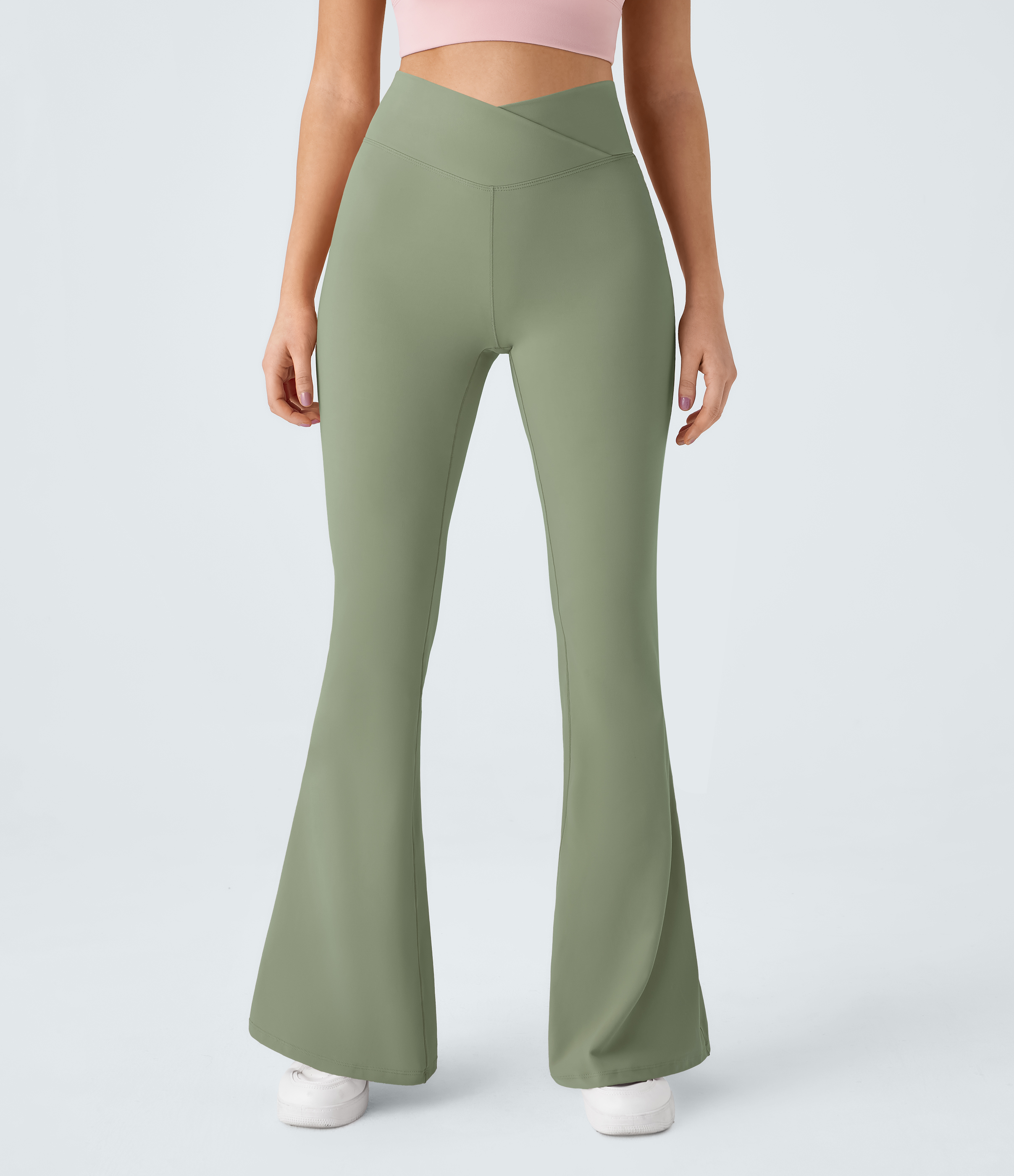 Halara Crossover High Waisted Back Pocket Super Flare Leggings  - Seagrass - L(petite) gym leggings leggings with pockets 