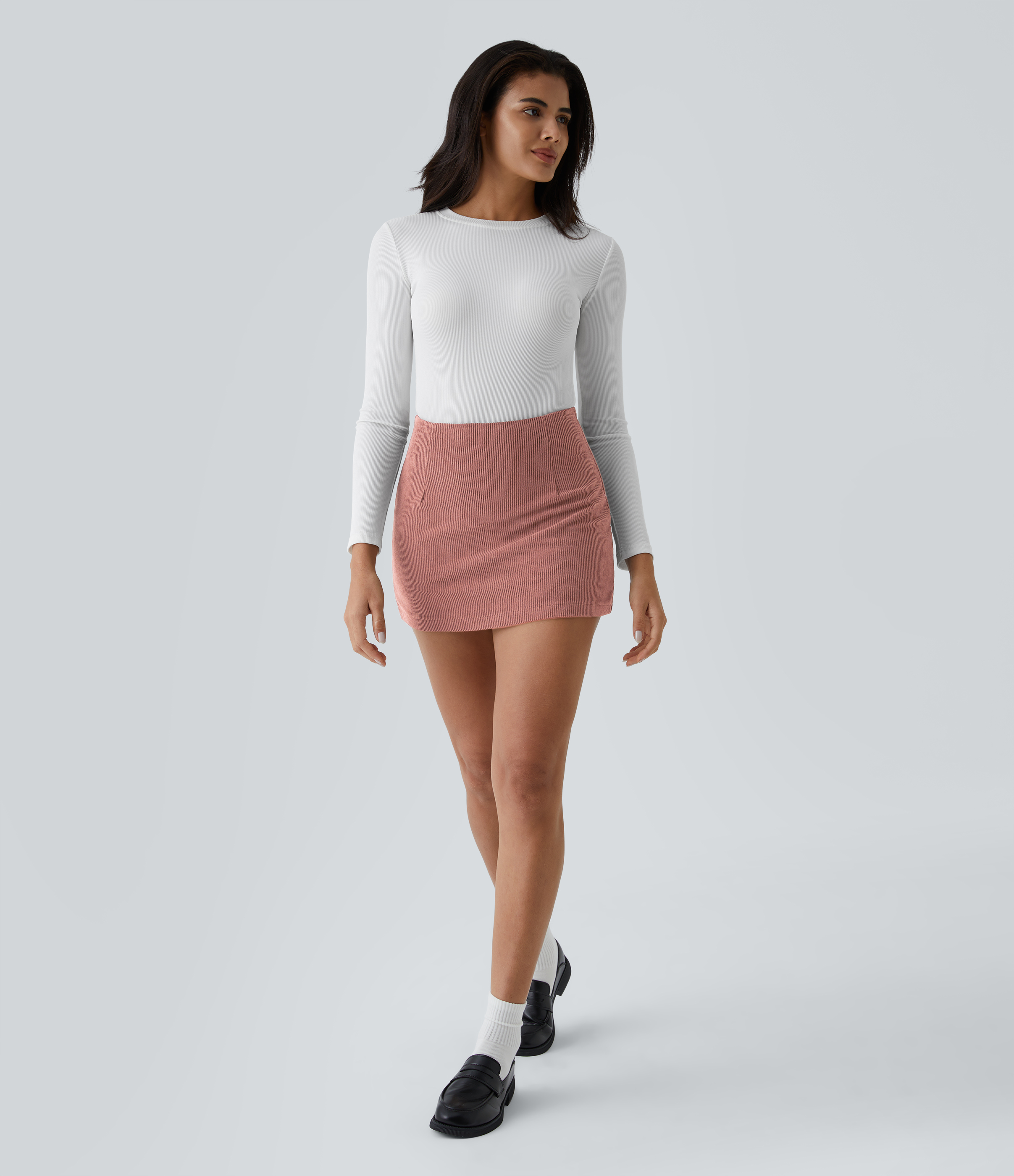 Halara High Waisted Invisible Zipper 2-in-1 A Line Mini Corduroy Casual Skirt  - Desert Sand - L(regular) 