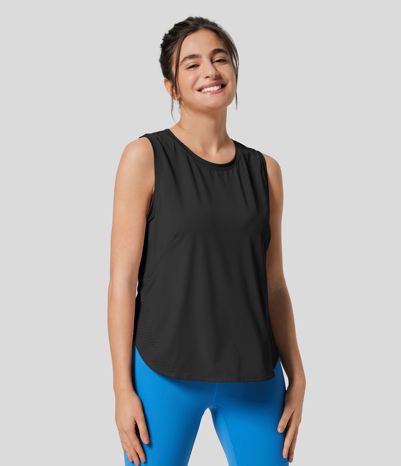 Halara Round Neck Mesh Curved Hem Tennis Tank Top Tank Top - Black - M golf tops halter top tunic tops sleeveless tops backless top 