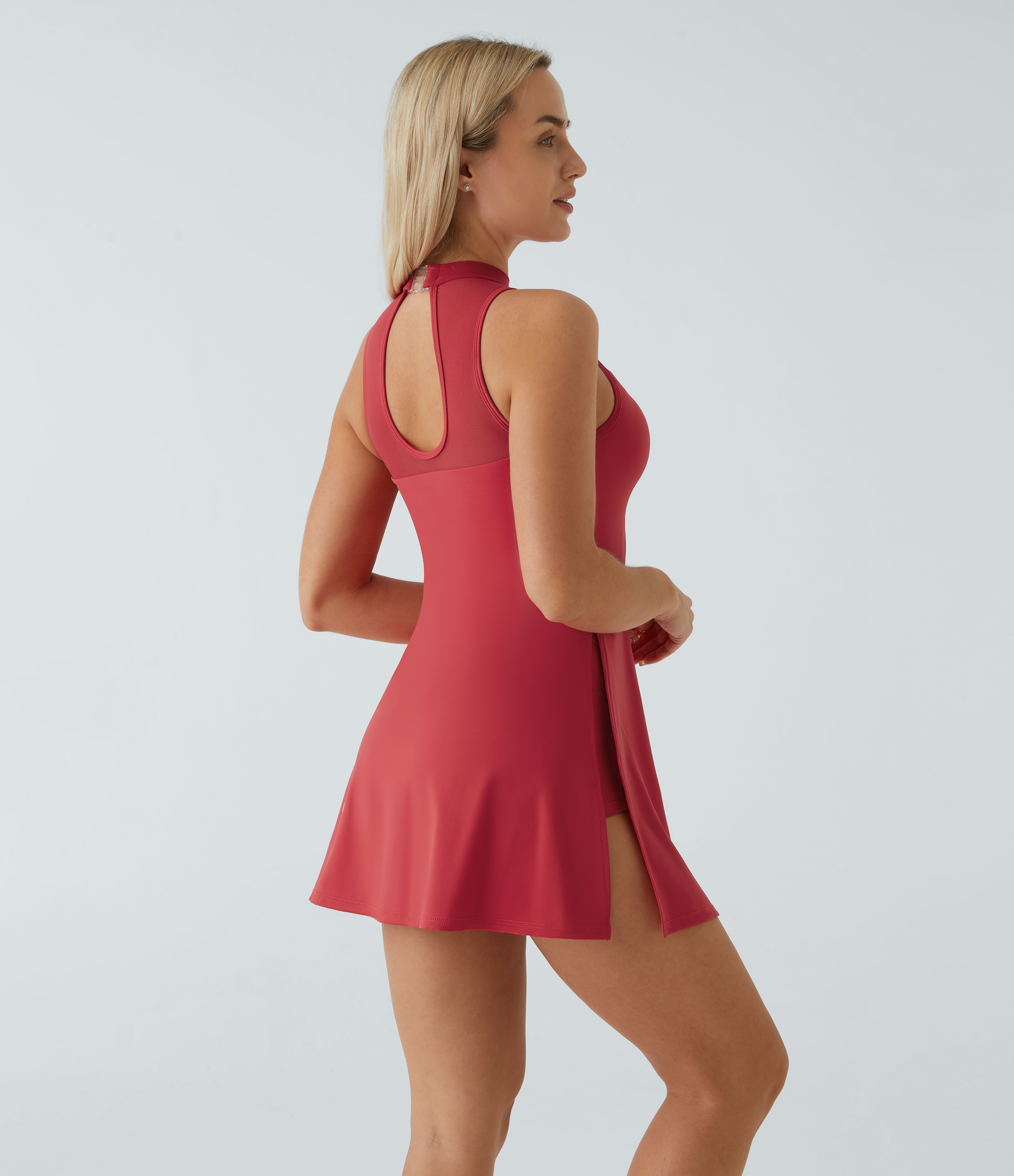 Halara Contrast Mesh Buckle Cut Out Split 2-in-1 Side Pocket Dance Dress-Easy Peezy Workout Dress - Salsa - L 