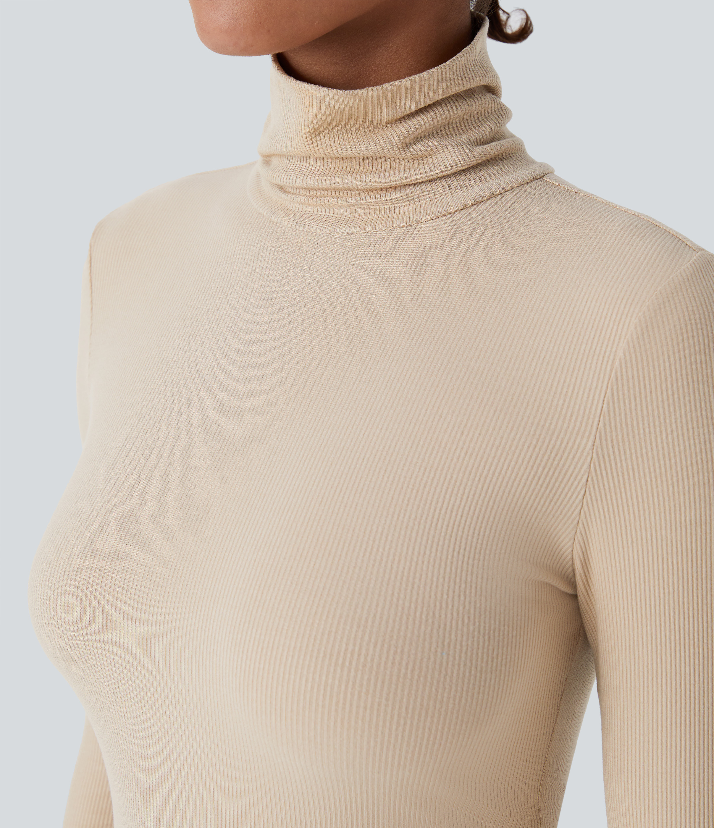 Halara Ribbed Knit High Collar Long Sleeve Casual Top Tank Top - Tapioca - M golf tops halter top tunic tops sleeveless tops backless top 