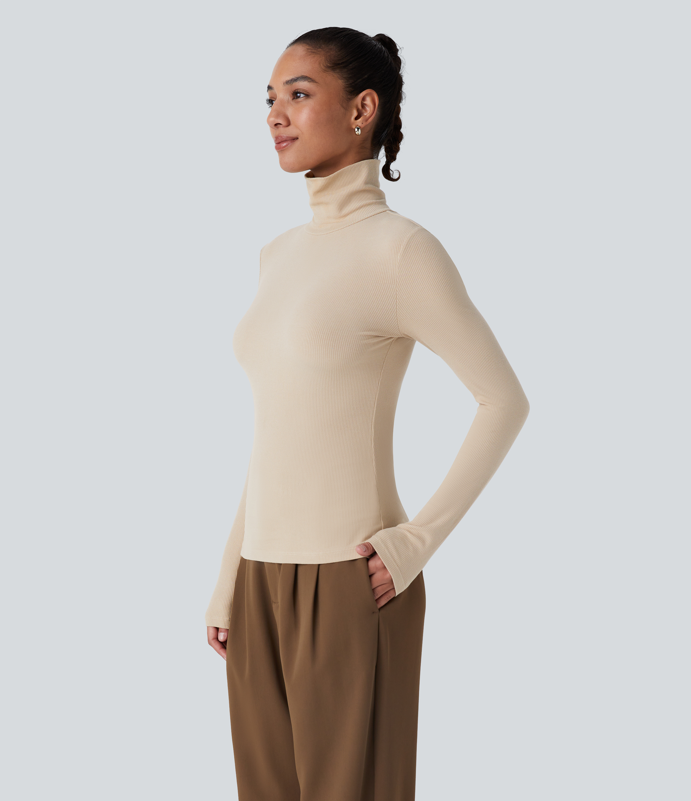 Halara Ribbed Knit High Collar Long Sleeve Casual Top Tank Top - Tapioca - M golf tops halter top tunic tops sleeveless tops backless top 