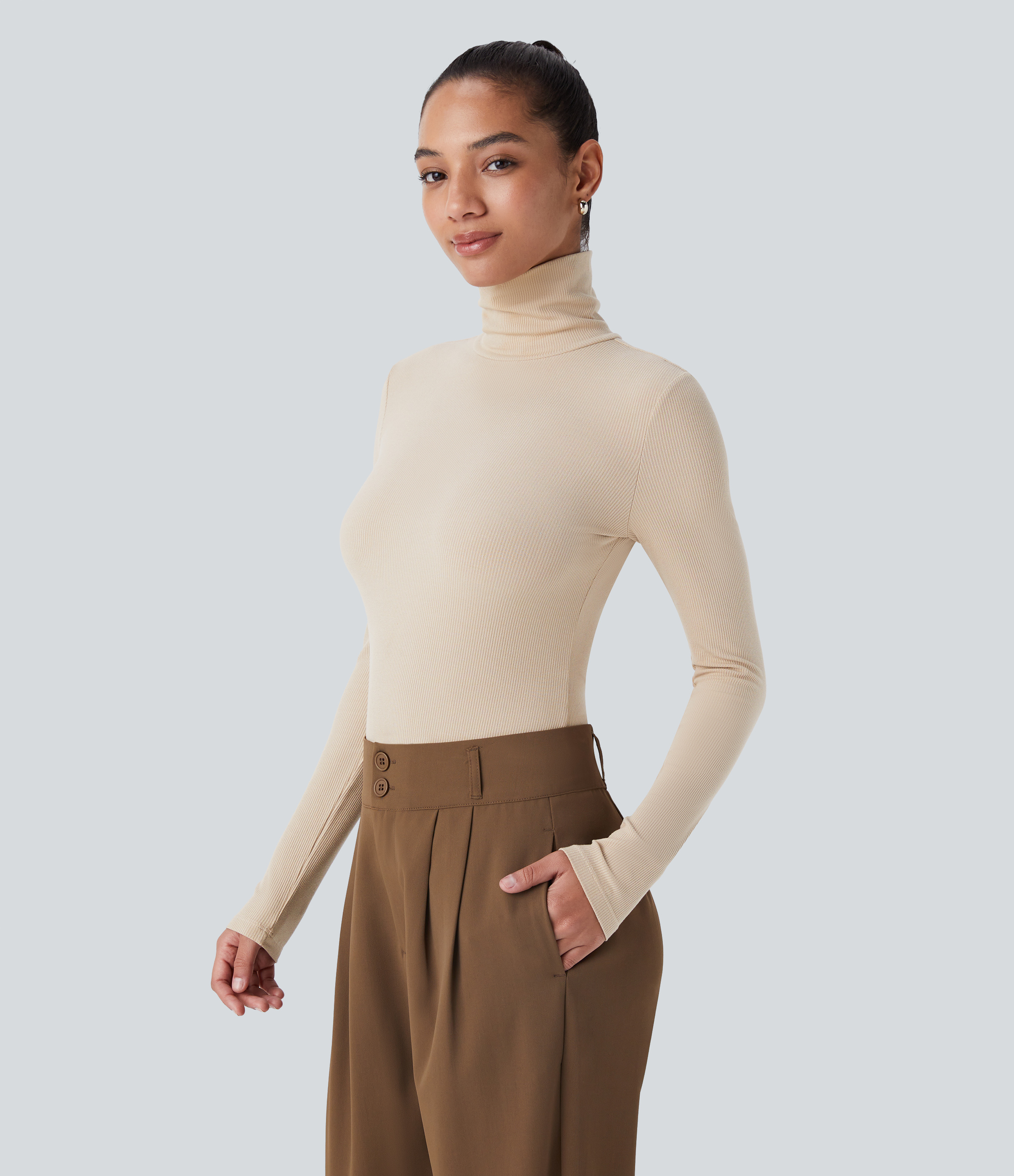 Halara Ribbed Knit High Collar Long Sleeve Casual Top Tank Top - Tapioca - M golf tops halter top tunic tops sleeveless tops backless top 