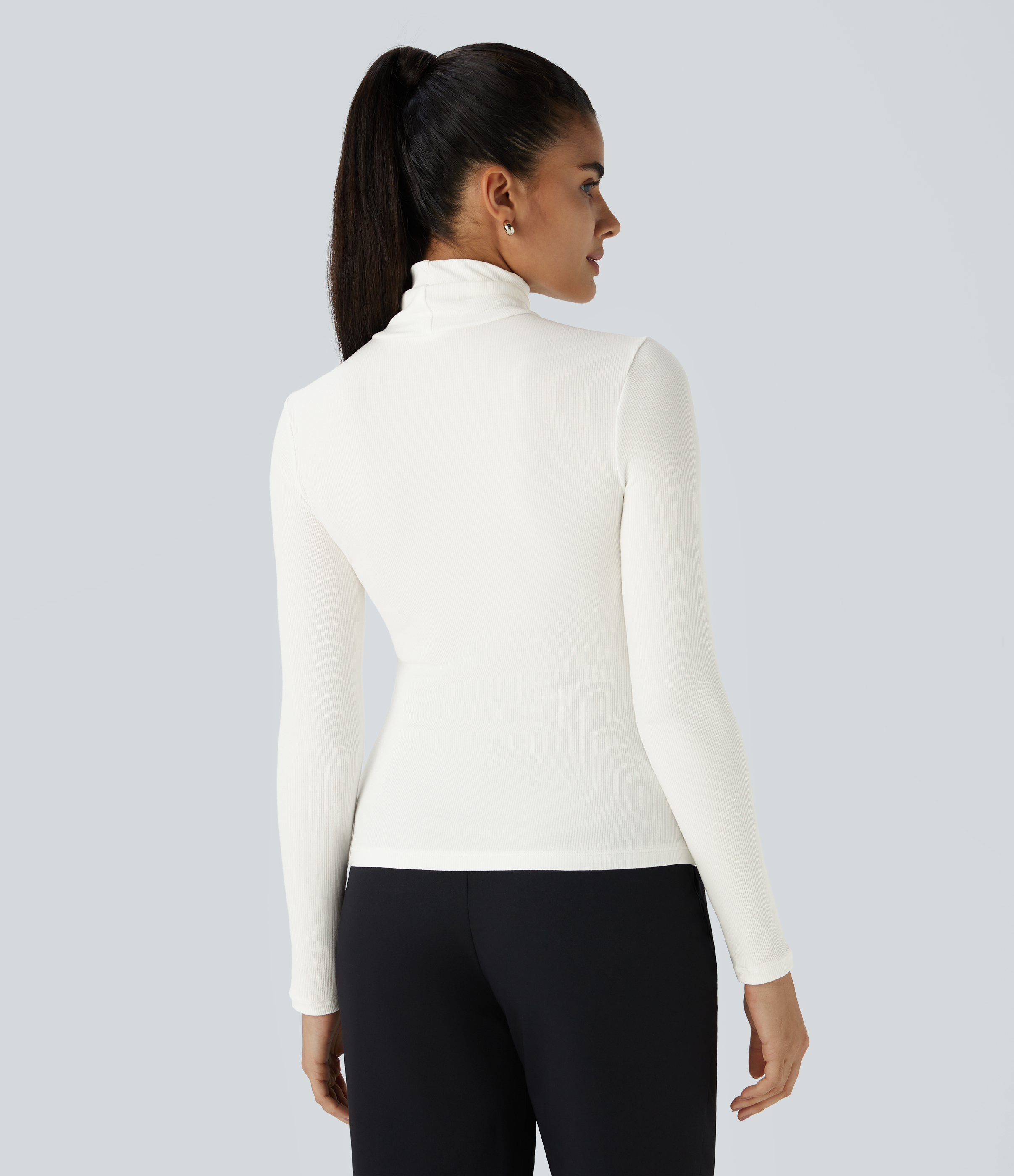 Halara Ribbed Knit High Collar Long Sleeve Casual Top Tank Top - White - XL golf tops halter top tunic tops sleeveless tops backless top 