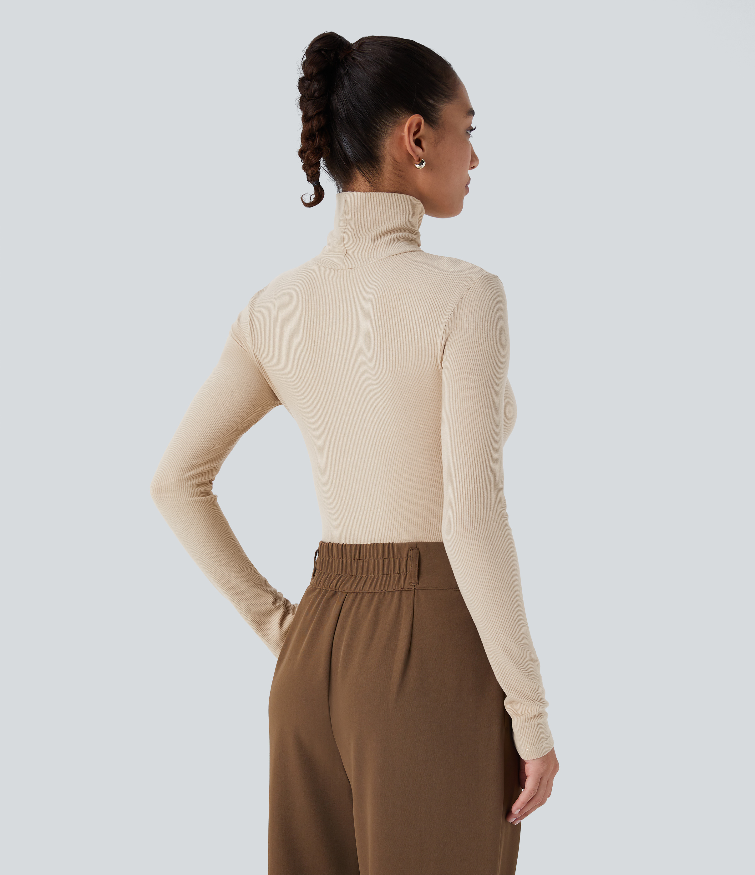 Halara Ribbed Knit High Collar Long Sleeve Casual Top Tank Top - Tapioca - M golf tops halter top tunic tops sleeveless tops backless top 