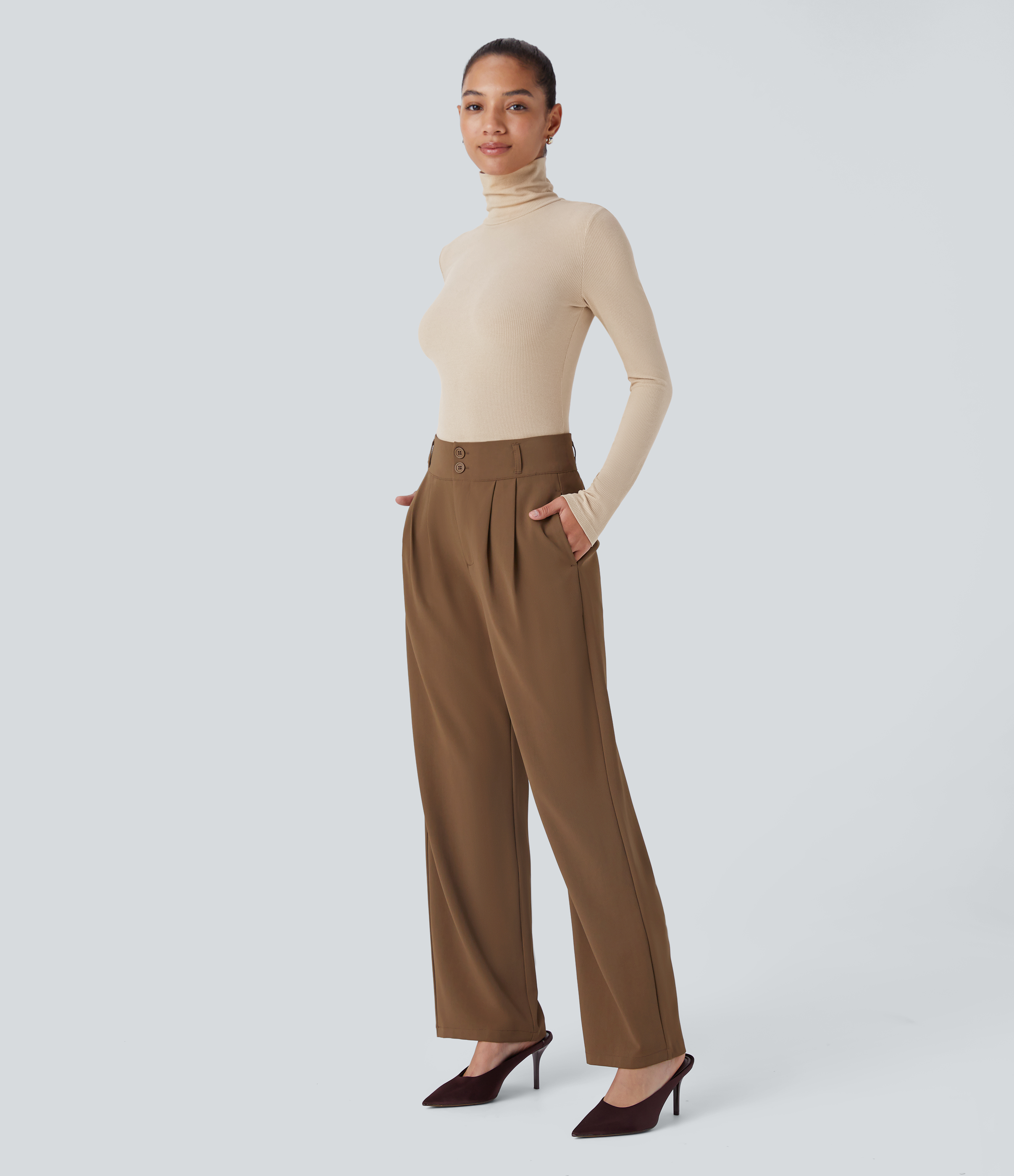 Halara Ribbed Knit High Collar Long Sleeve Casual Top Tank Top - Tapioca - M golf tops halter top tunic tops sleeveless tops backless top 