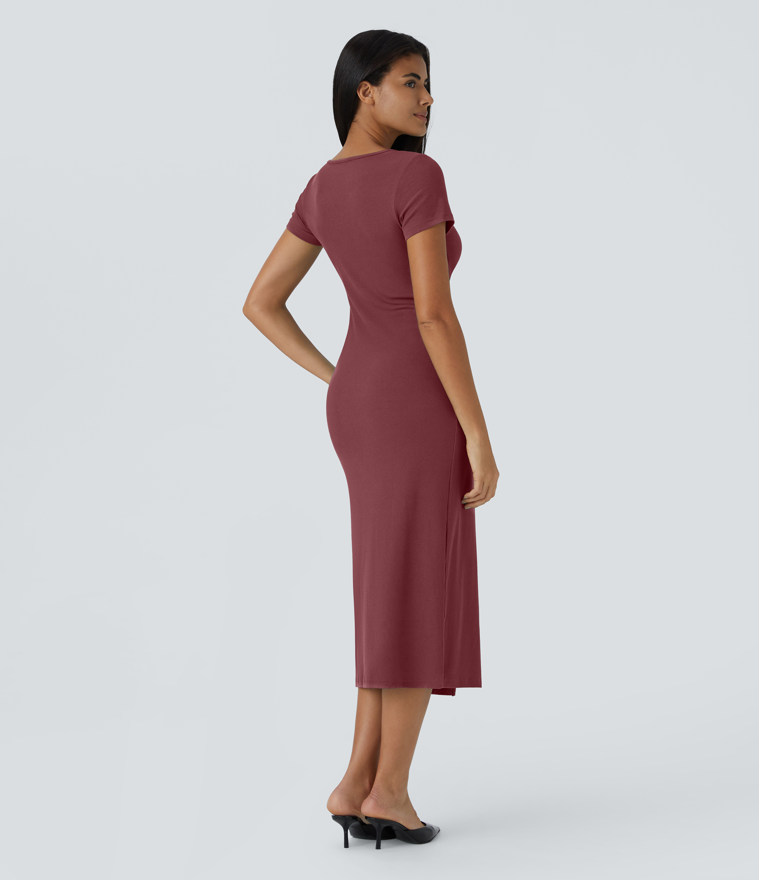 Halara Ribbed Knit V Neck Button Split Midi Chill Dress Casual Dress - Pomegranate - XL slip dress beach dress ruched dress halter dress 