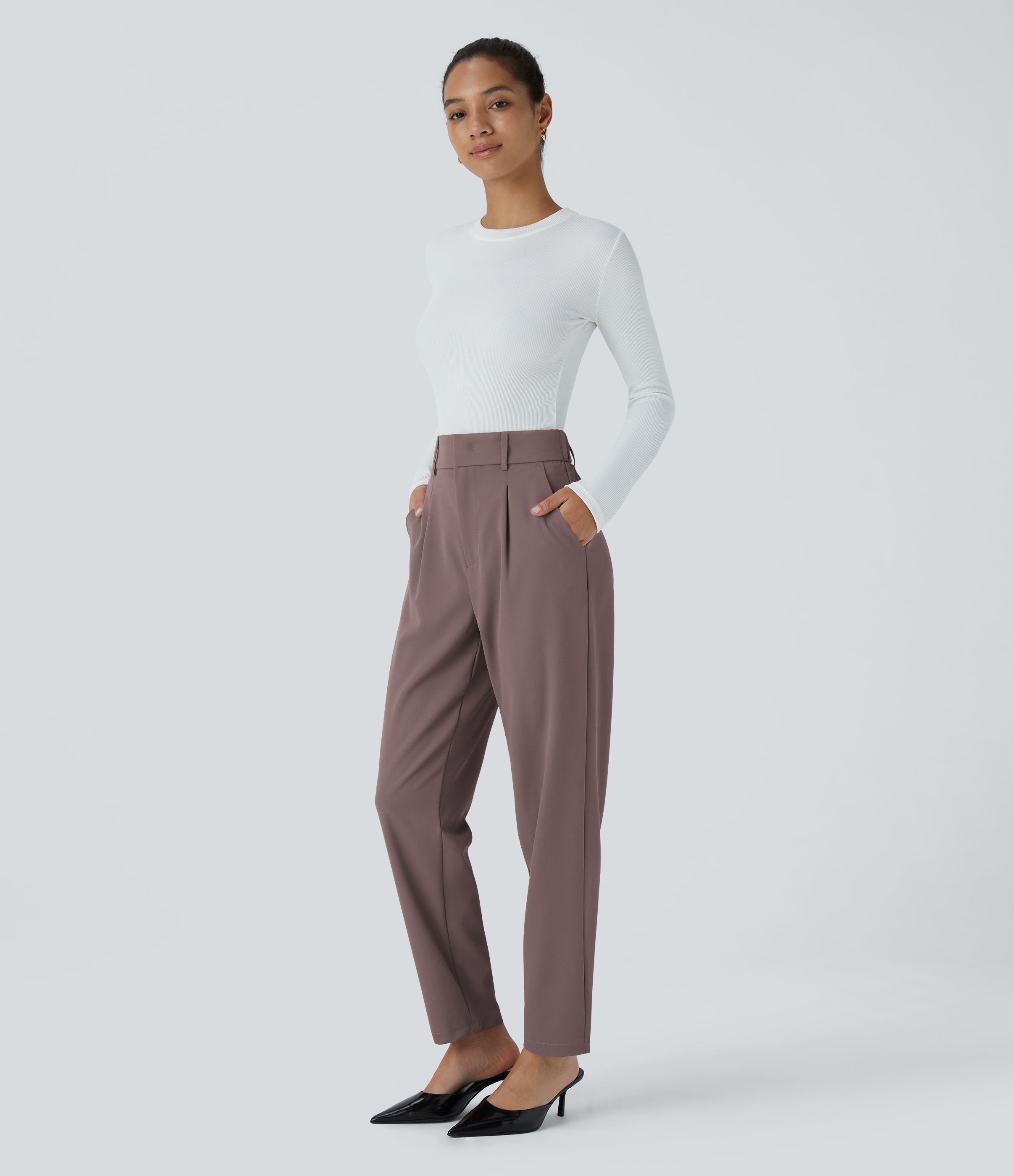 Halara High Waisted Side Pocket Solid Work Tapered Pants  - Roselle Purple - S(regular) sweatpants jogger pants stacked sweatpants 