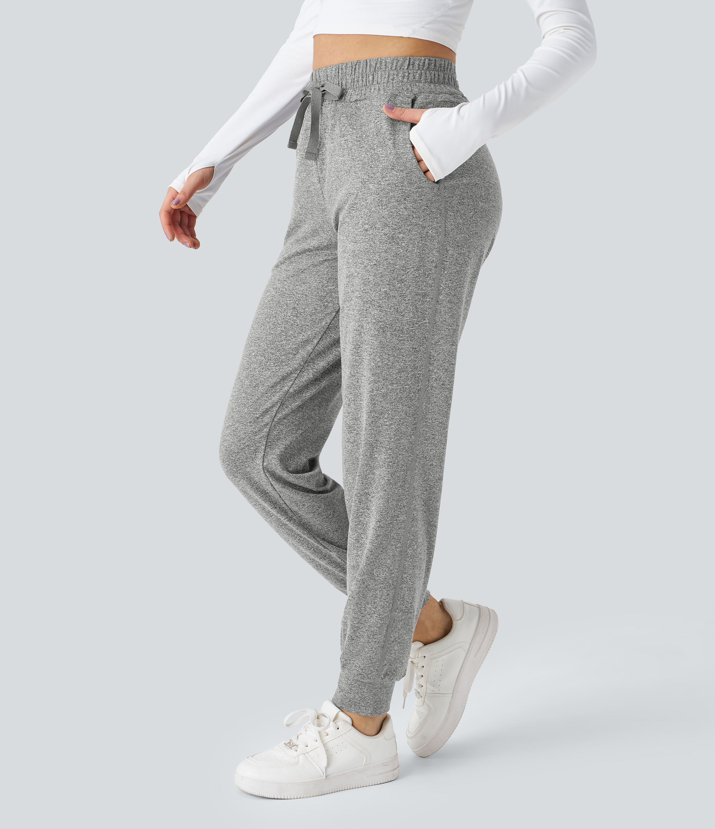 Halara High Waisted Drawstring Side Pocket Ruched Yoga Joggers  - Fog Gray - S(regular) 