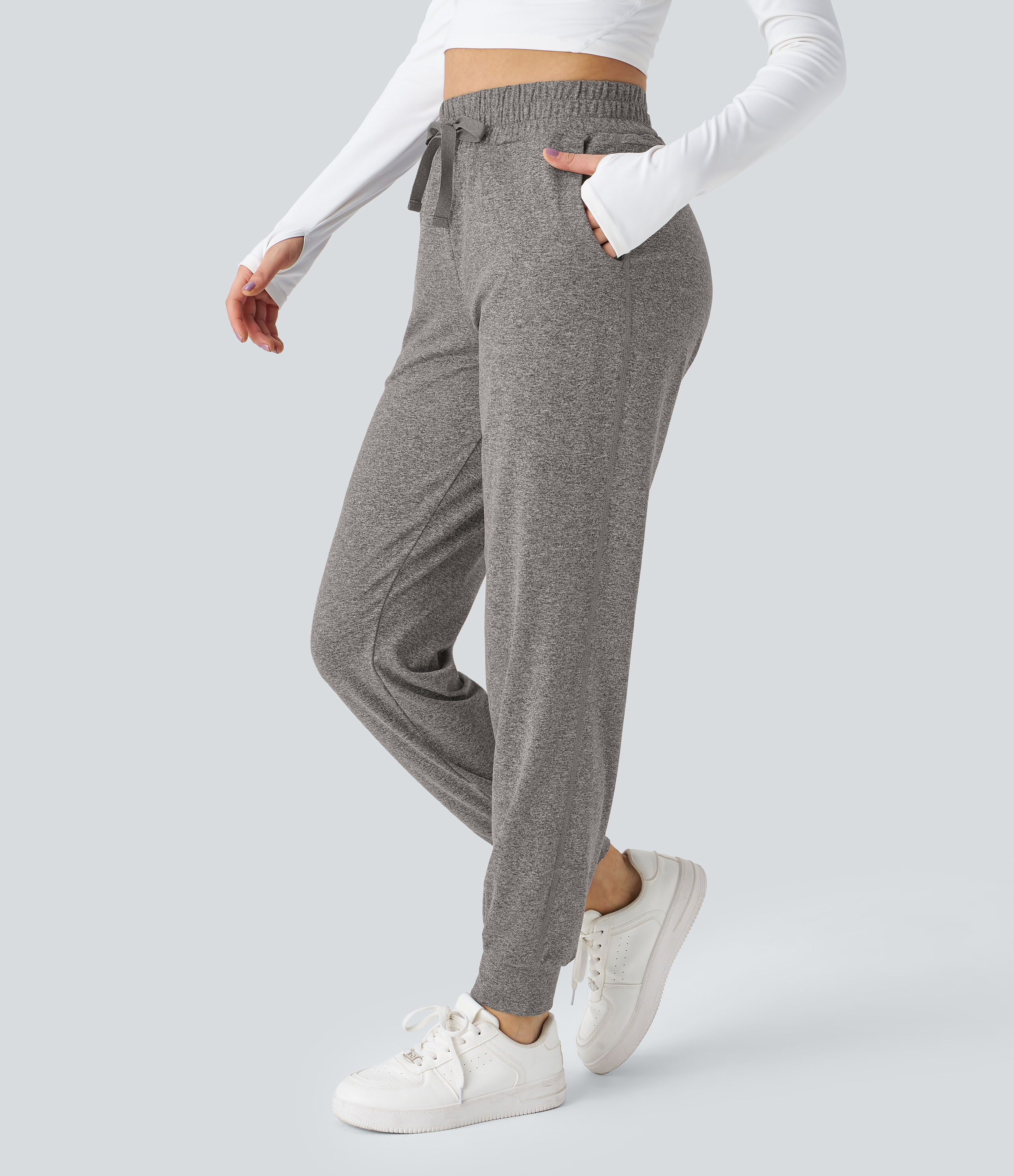 Halara High Waisted Drawstring Side Pocket Ruched Yoga Joggers  - Light Coffee Floral Yarn - XS(regular) 