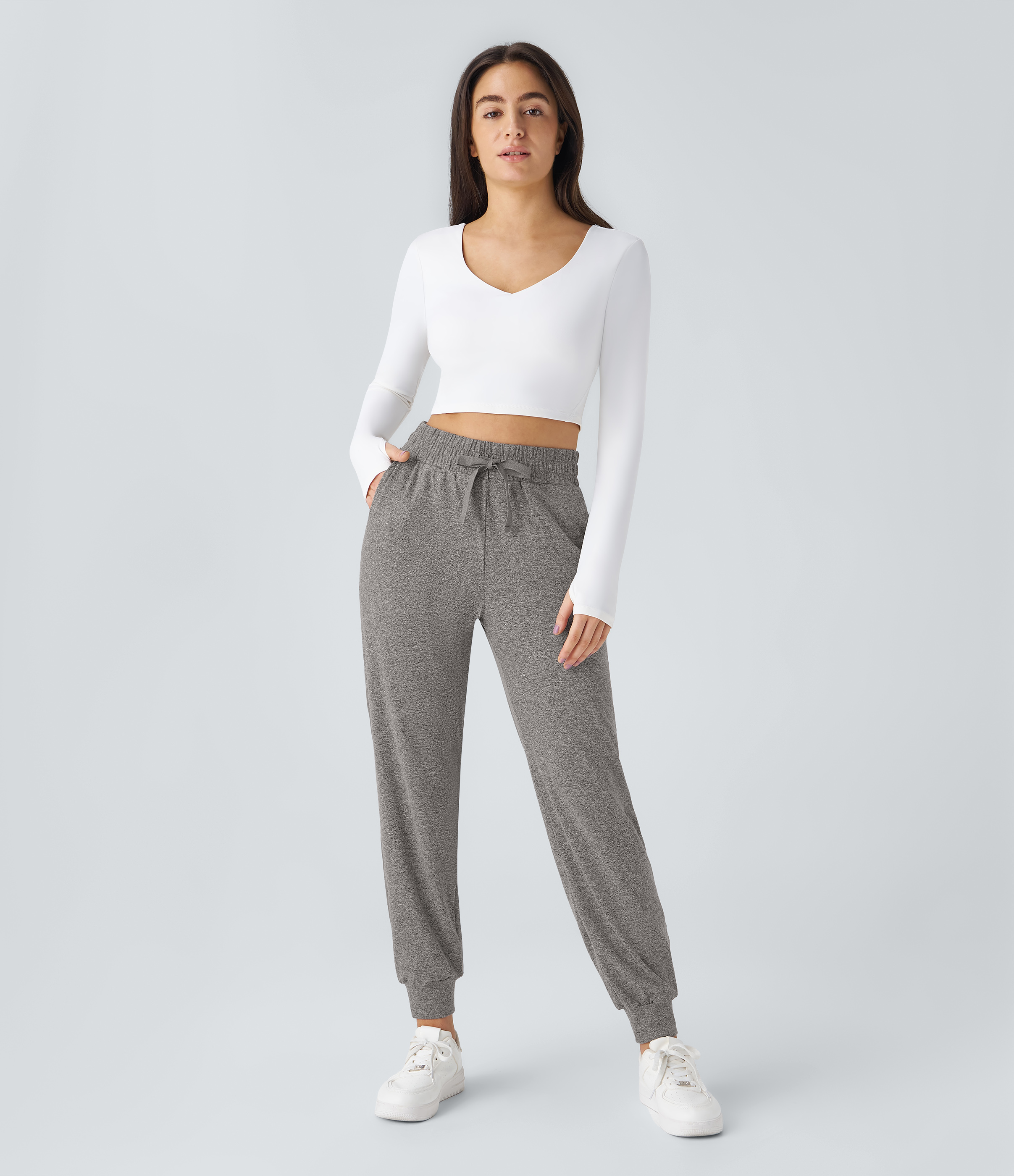 Halara High Waisted Drawstring Side Pocket Ruched Yoga Joggers  - Light Coffee Floral Yarn - XS(regular) 