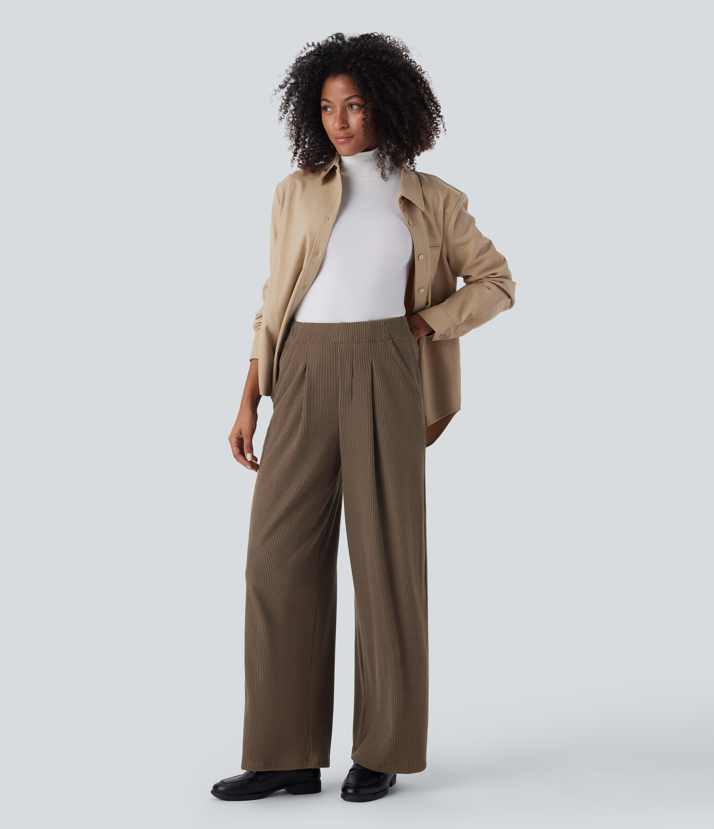 Halara Ribbed Knit High Waisted Plicated Side Pocket Wide Leg Casual Pants  - Thick Earthy Brown - L(regular) sweatpants jogger pants 