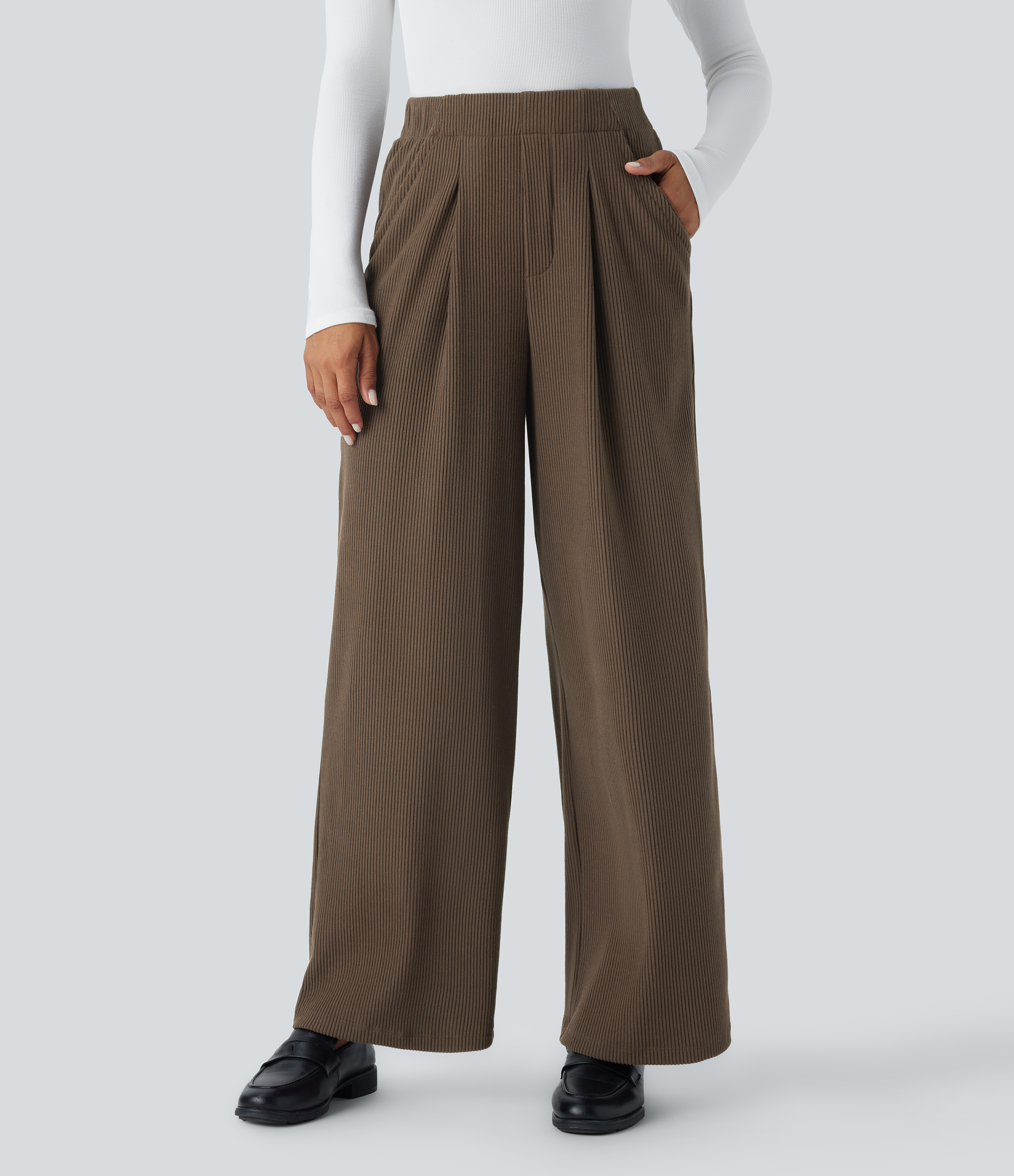 Halara Ribbed Knit High Waisted Plicated Side Pocket Wide Leg Casual Pants  - Thick Earthy Brown - L(regular) sweatpants jogger pants 