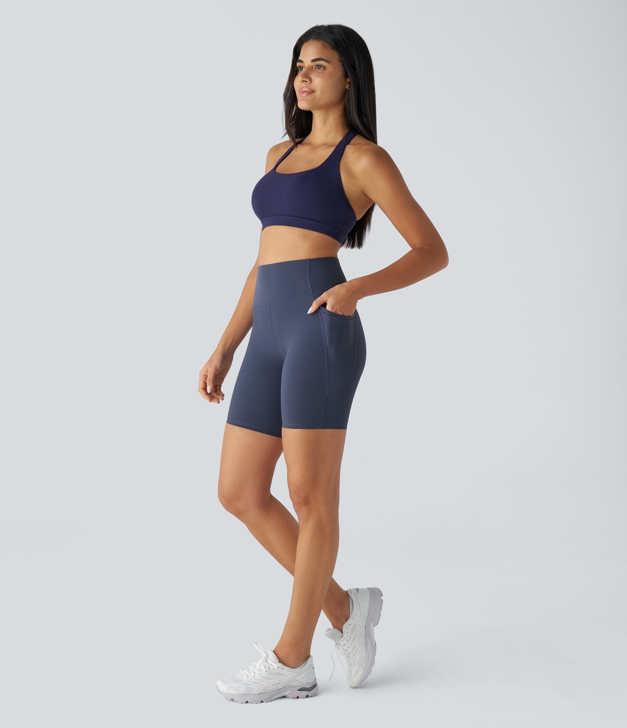 Halara Halara UltraSculptв„ў SoCinched High Waisted Tummy Control Side Pocket Training Biker Shorts 7``  - Mood Indigo - L biker shorts women 